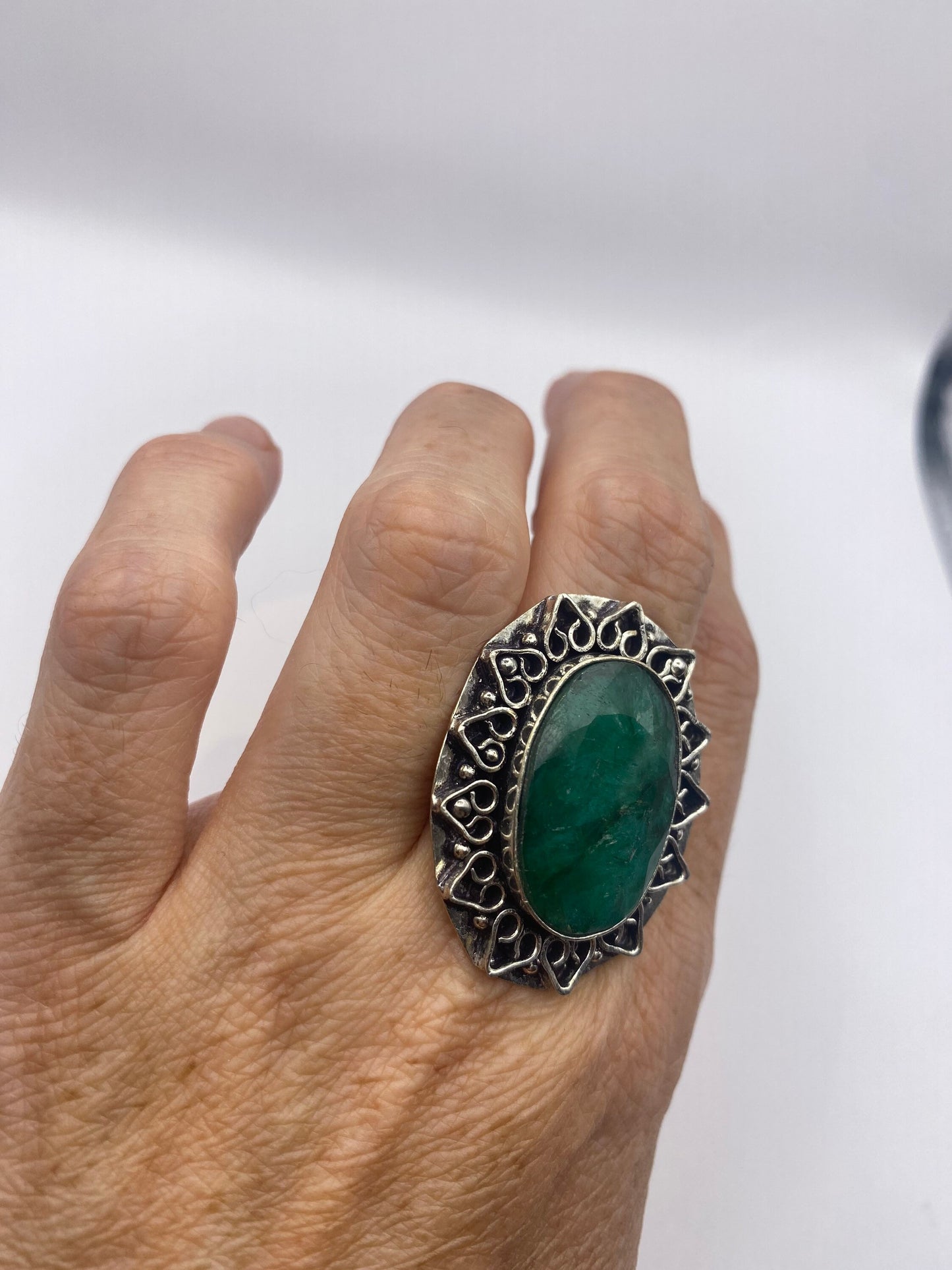 Vintage Green Raw Emerald Silver Bronze Statement Boho Ring