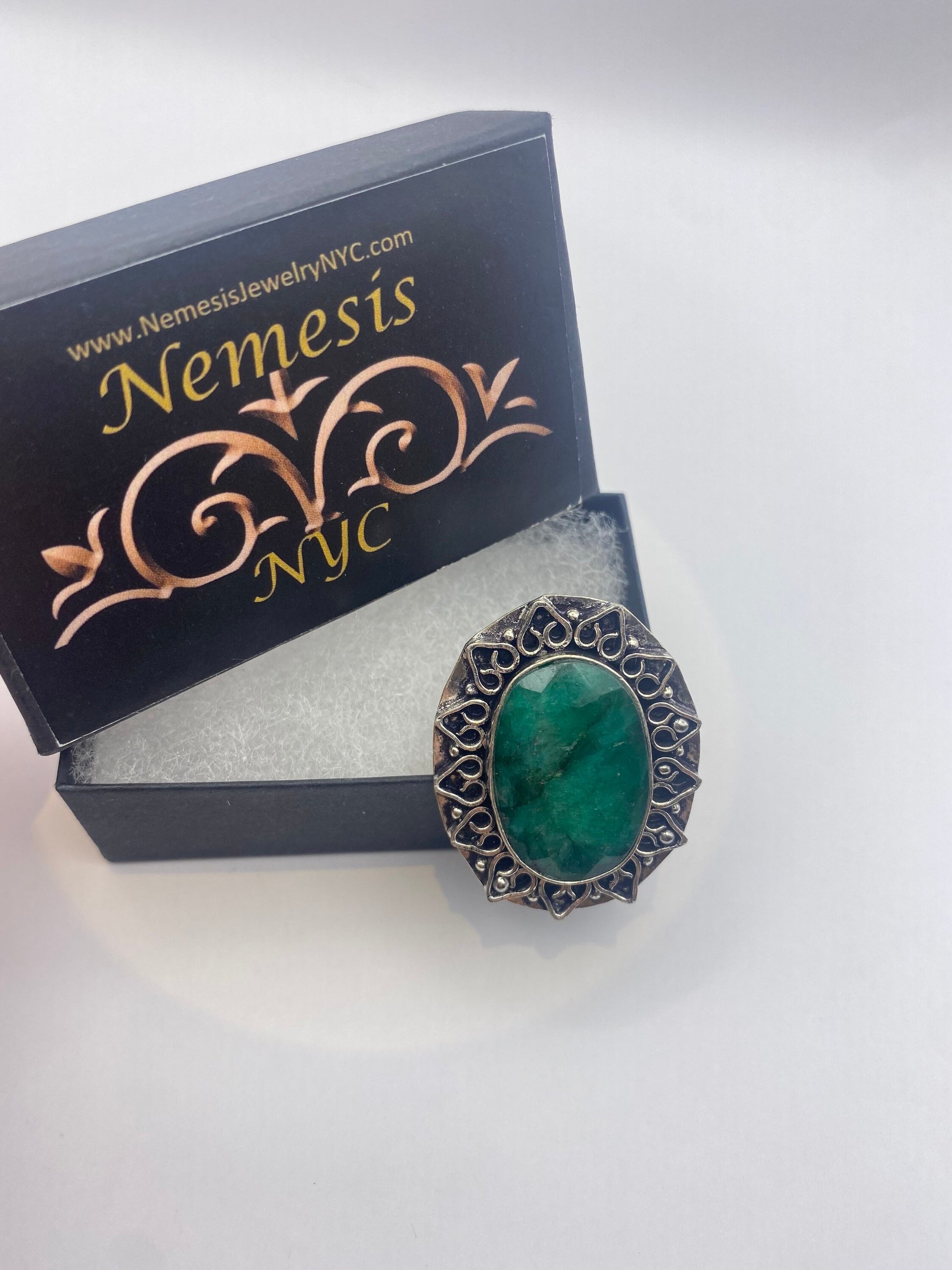 Vintage Green Raw Emerald Silver Bronze Statement Boho Ring