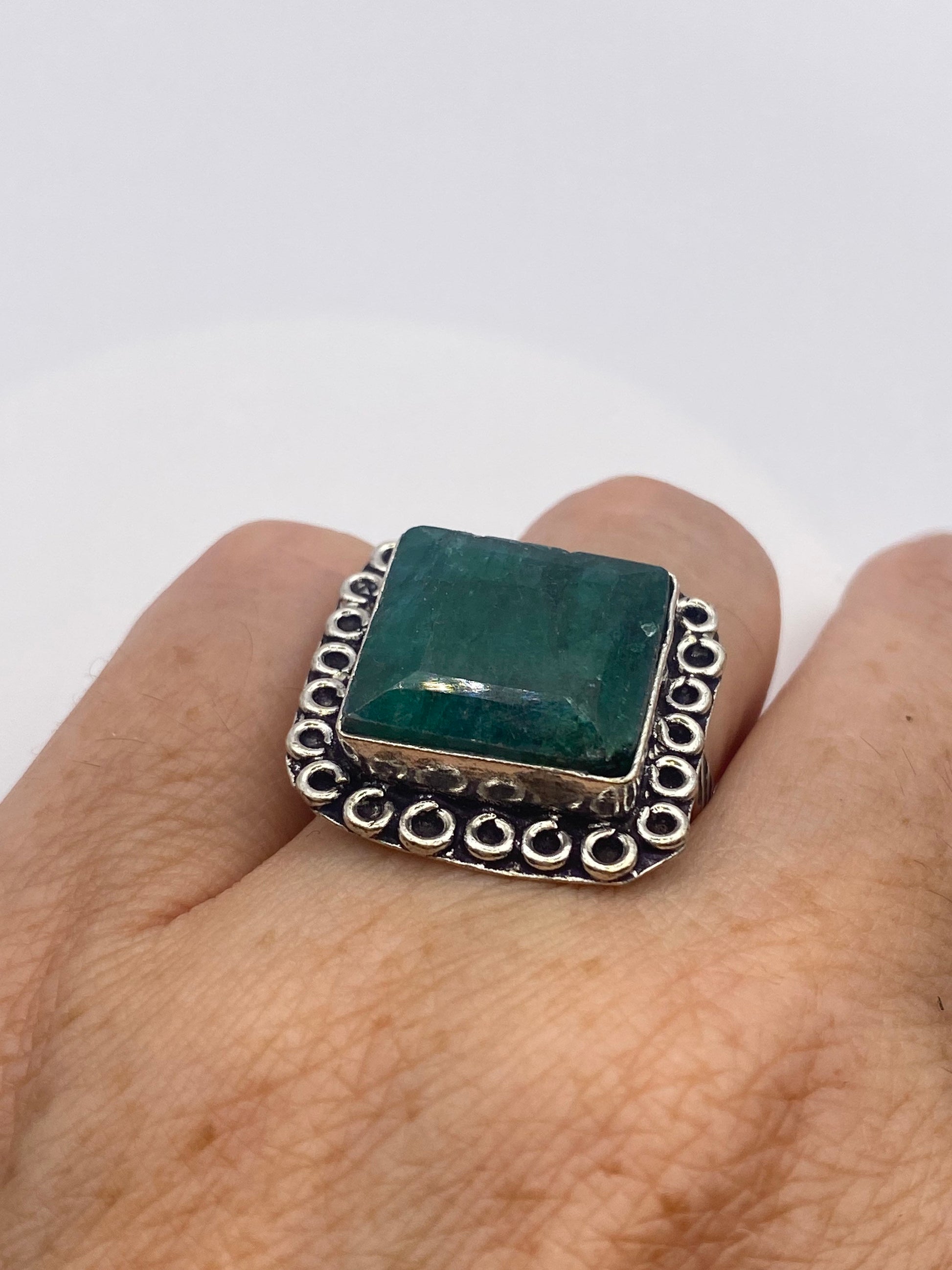 Vintage Green Raw Emerald Silver Bronze Statement Boho Ring