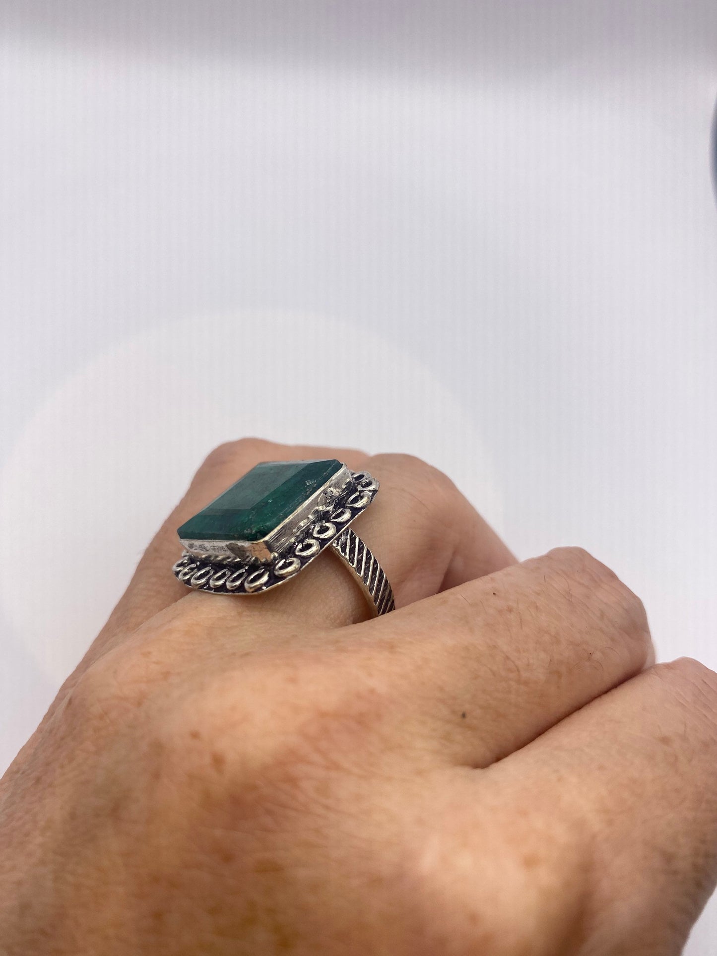 Vintage Green Raw Emerald Silver Bronze Statement Boho Ring