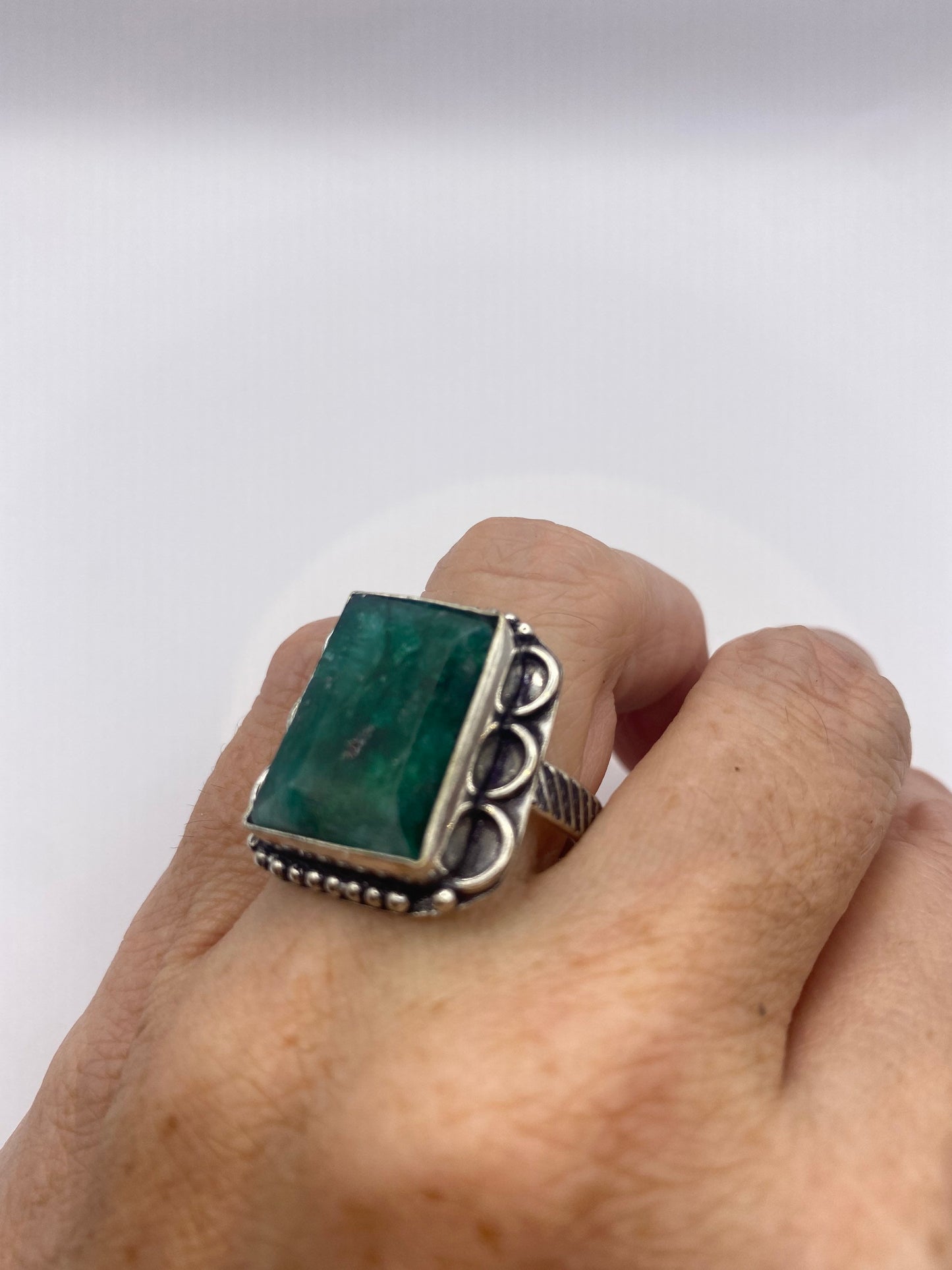 Vintage Green Raw Emerald Silver Bronze Statement Boho Ring