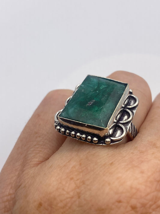 Vintage Green Raw Emerald Silver Bronze Statement Boho Ring