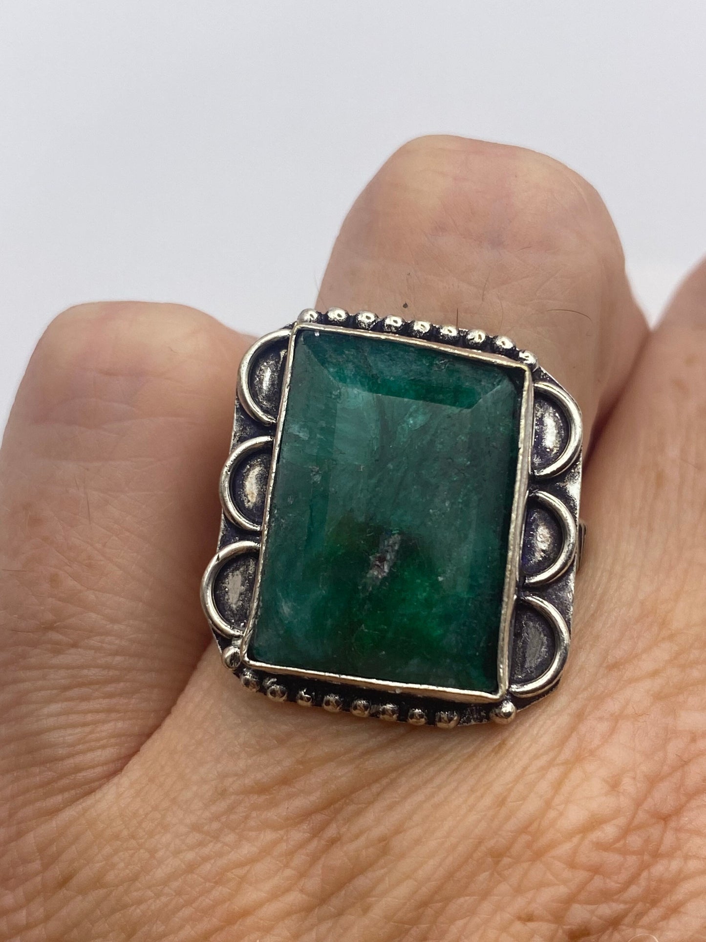 Vintage Green Raw Emerald Silver Bronze Statement Boho Ring