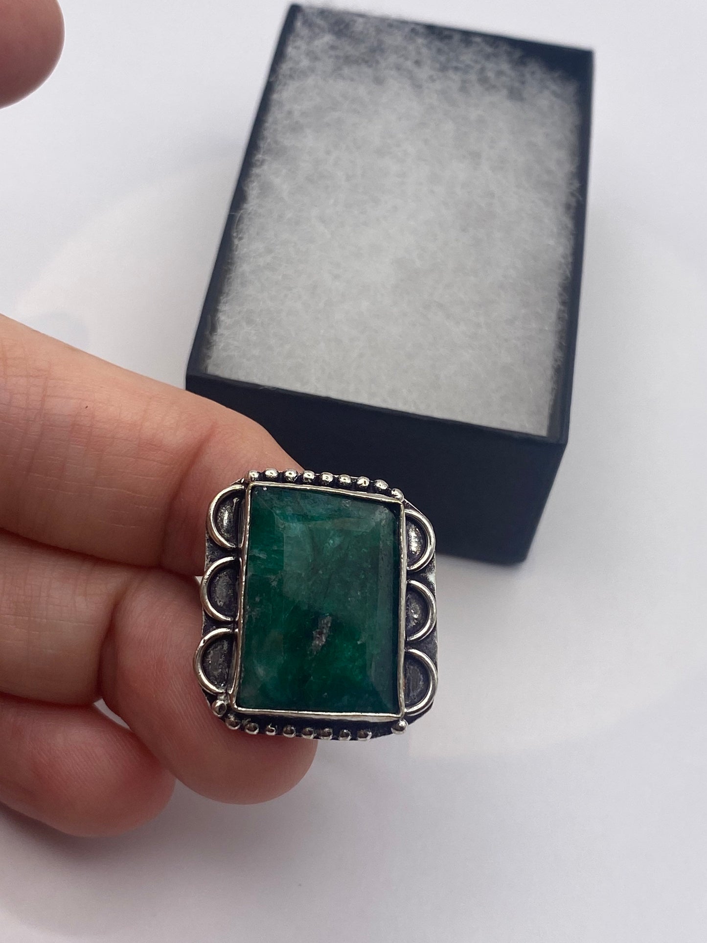 Vintage Green Raw Emerald Silver Bronze Statement Boho Ring