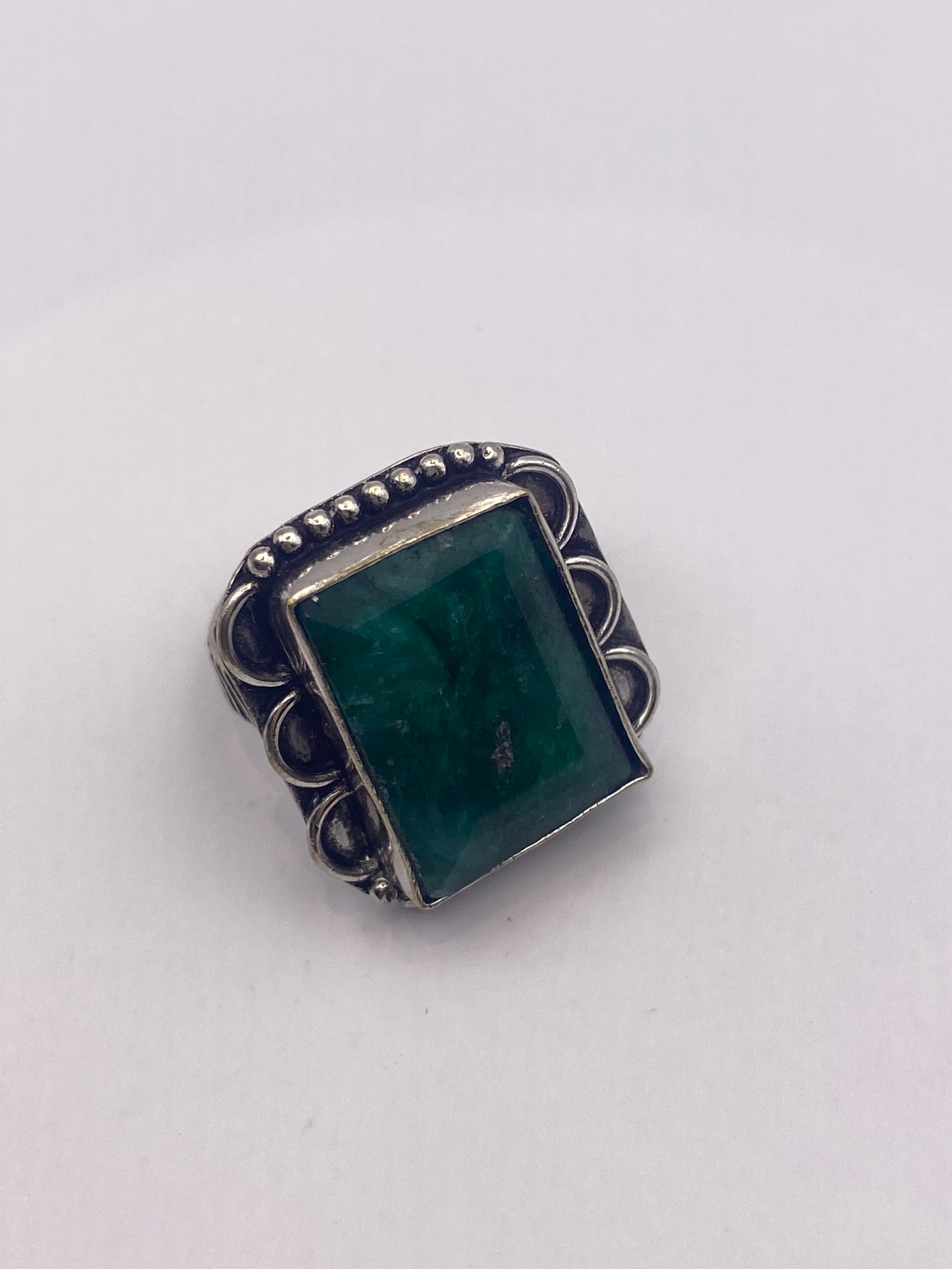 Vintage Green Raw Emerald Silver Bronze Statement Boho Ring