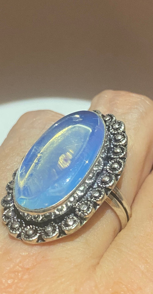 Vintage Blue White Opal Art Glass Ring Statement