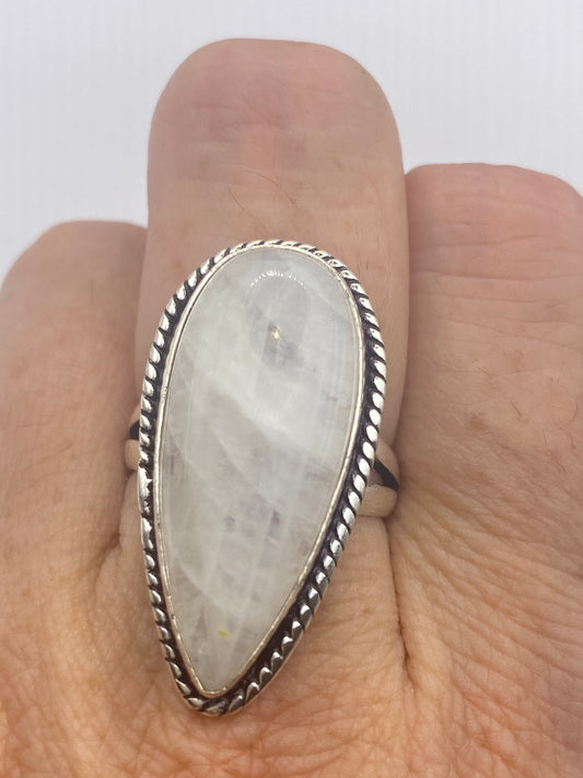 Vintage Genuine Blue White Rainbow Moonstone Ring Statement Cocktail Size 6.75
