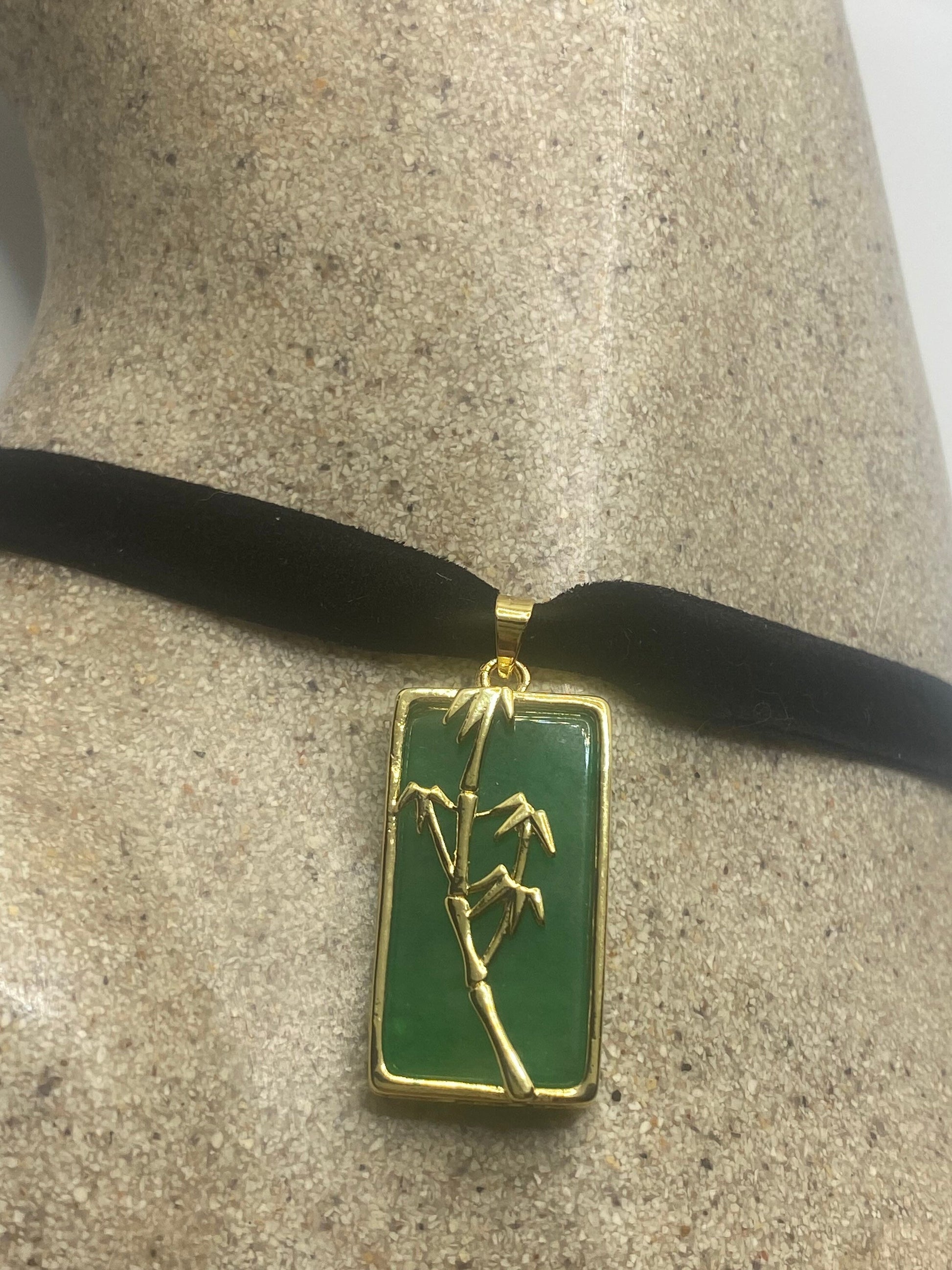 Vintage Green Jade Bamboo Choker Gold Finish Necklace Pendant