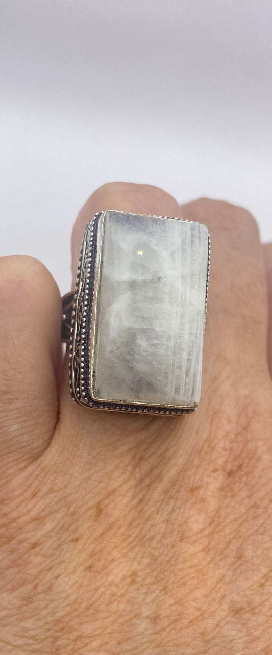 Vintage Genuine Blue White Rainbow Moonstone Ring Statement Cocktail Size 6.75