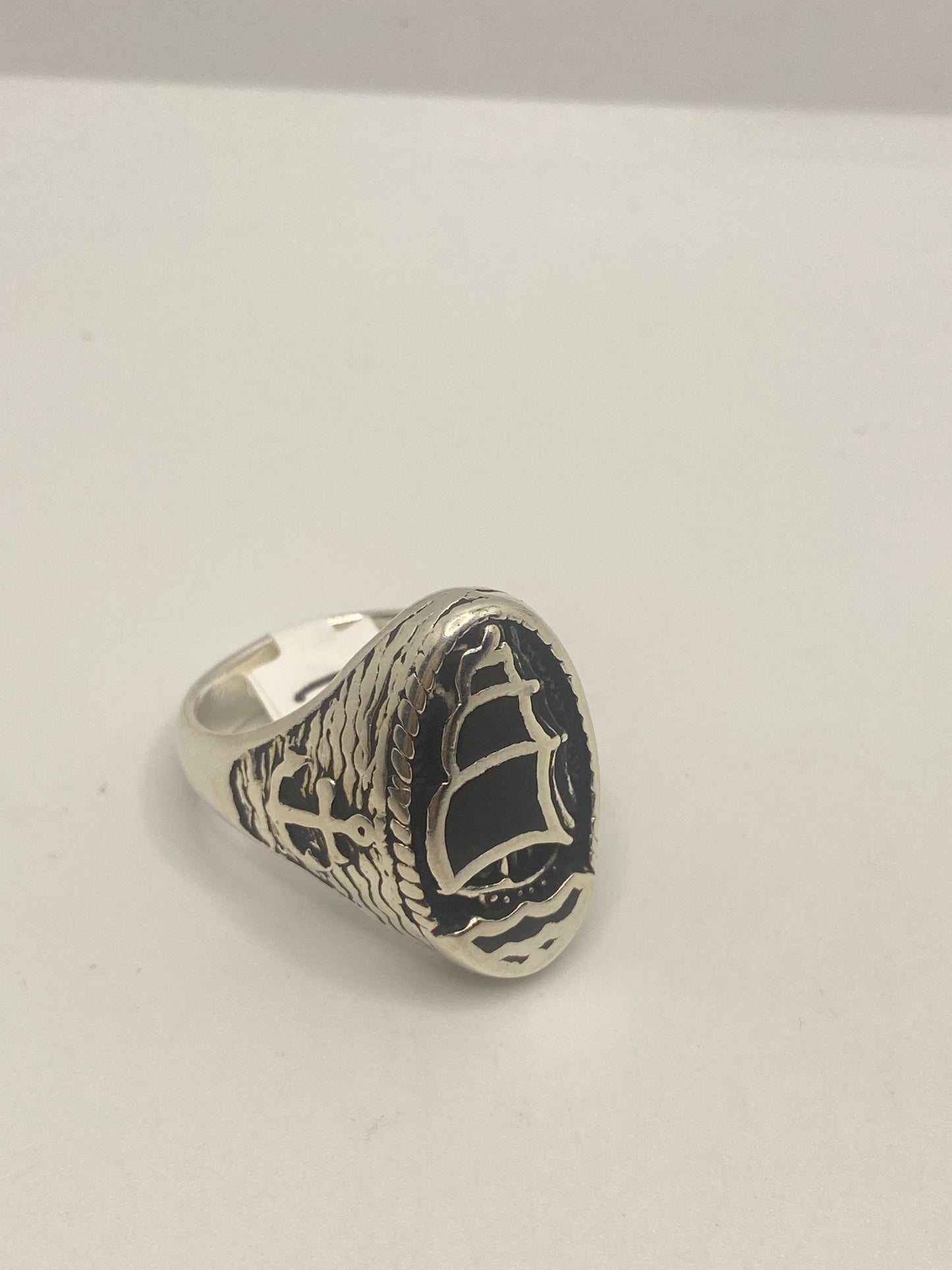 Vintage Southwestern Black Onyx Inlay Sailboat Ship Mens Ring