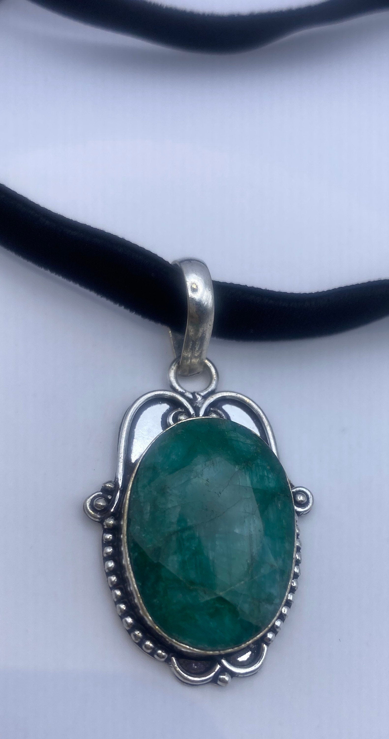 Vintage Green Raw Emerald Crystal Black Velvet Choker Pendant