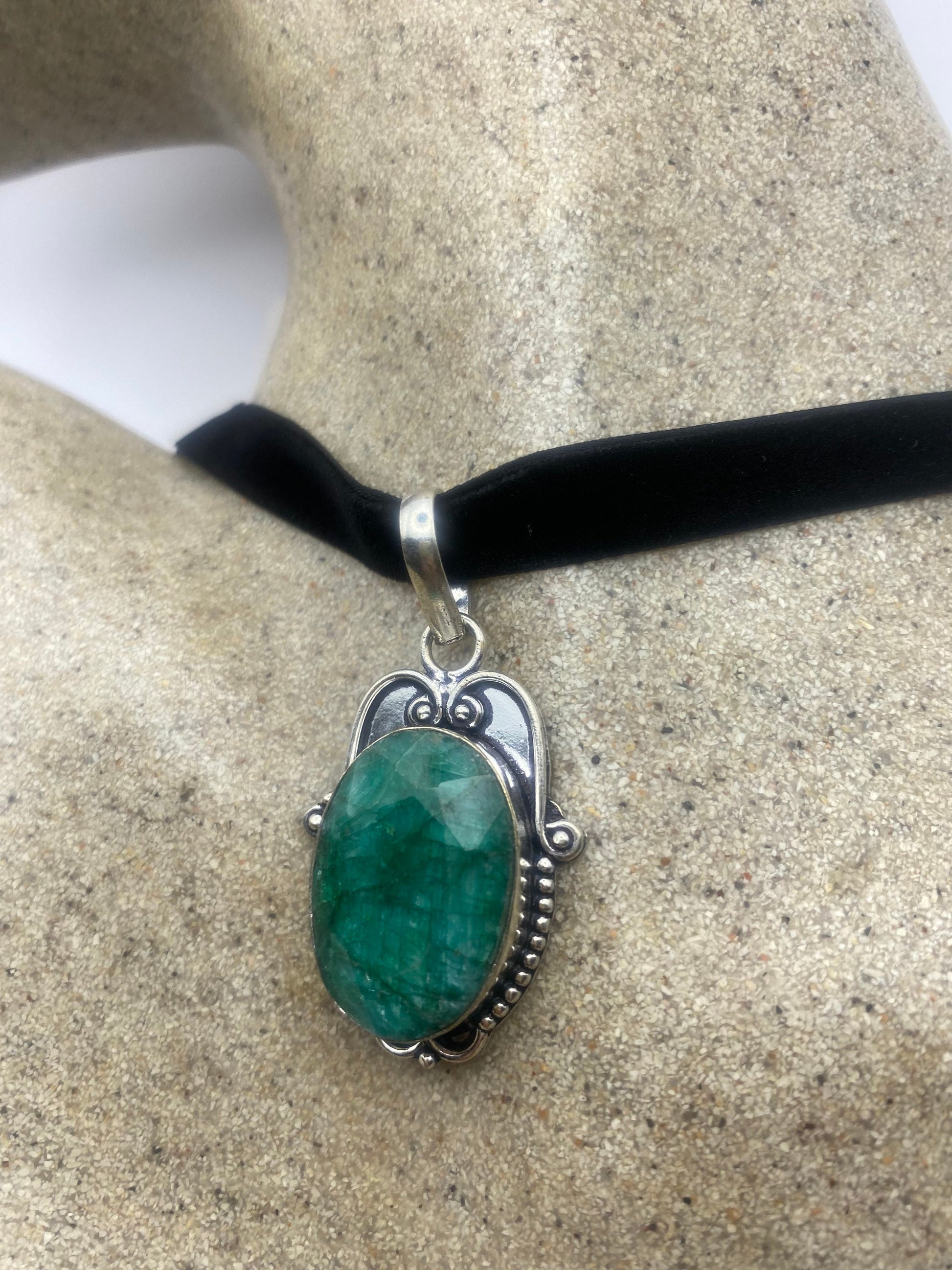 Vintage Green Raw Emerald Crystal Black Velvet Choker Pendant
