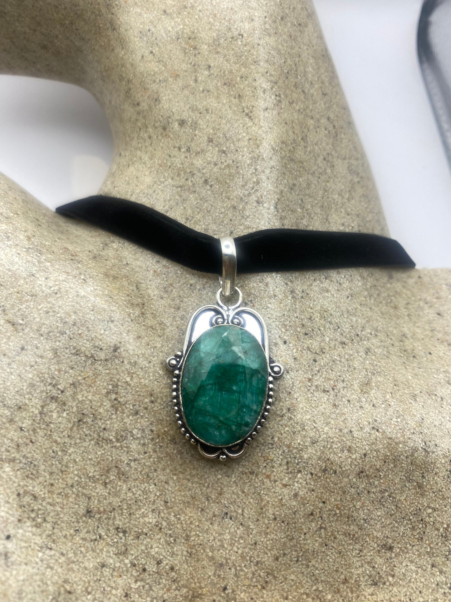 Vintage Green Raw Emerald Crystal Black Velvet Choker Pendant