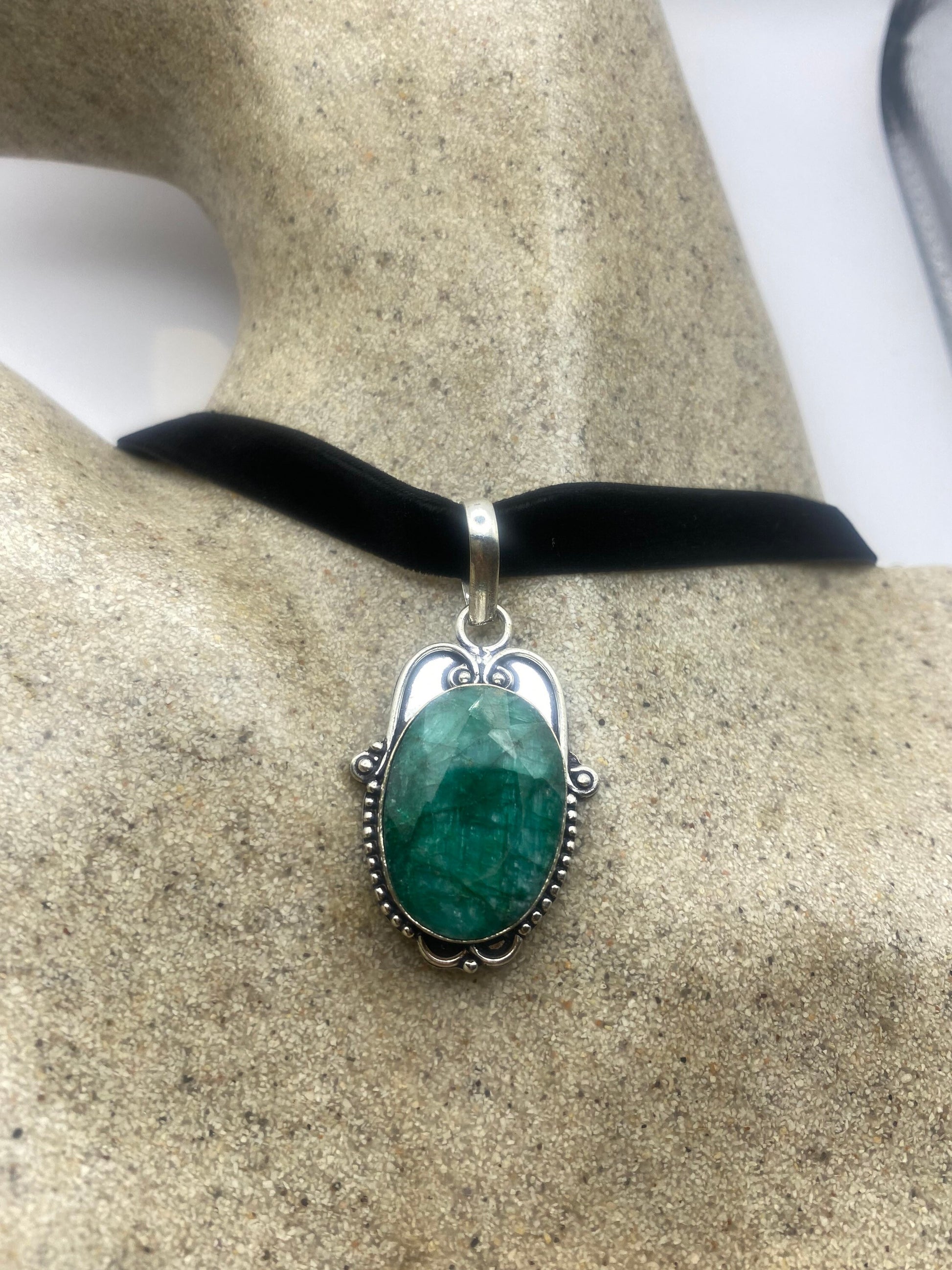 Vintage Green Raw Emerald Crystal Black Velvet Choker Pendant