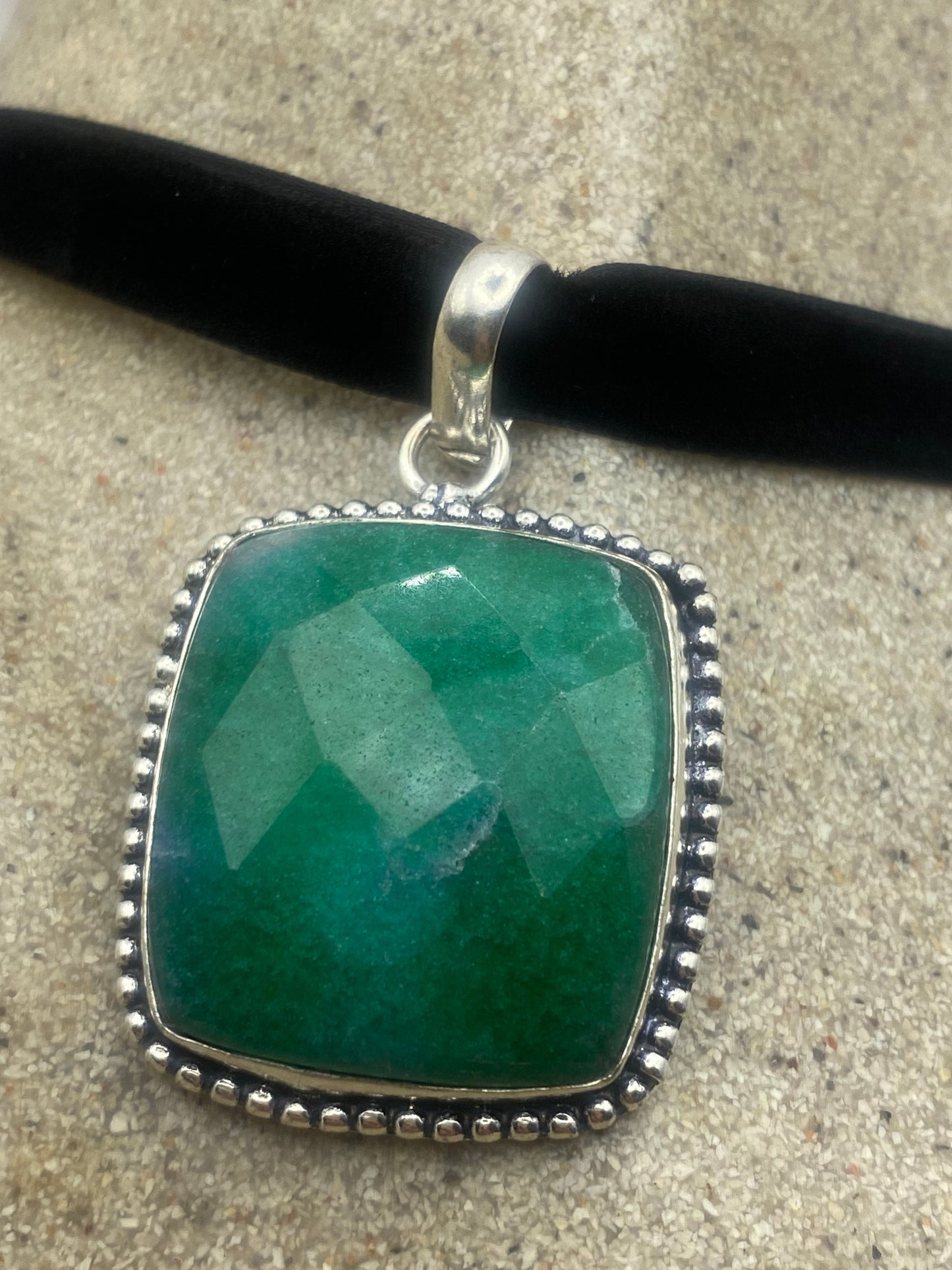 Vintage Green Raw Emerald Crystal Black Velvet Choker Pendant
