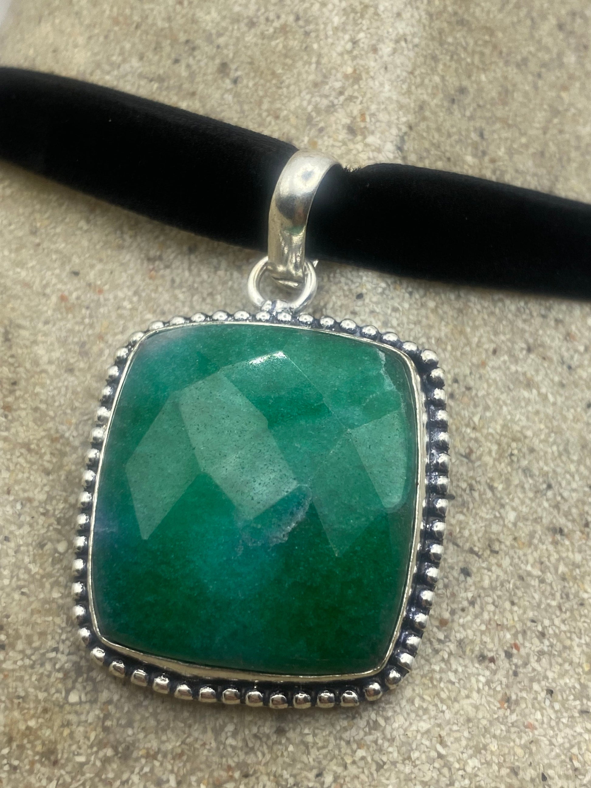 Vintage Green Raw Emerald Crystal Black Velvet Choker Pendant