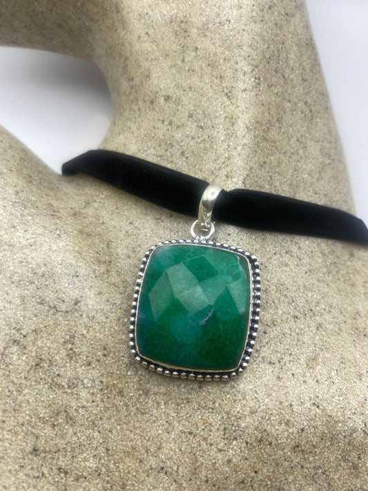 Vintage Green Raw Emerald Crystal Black Velvet Choker Pendant