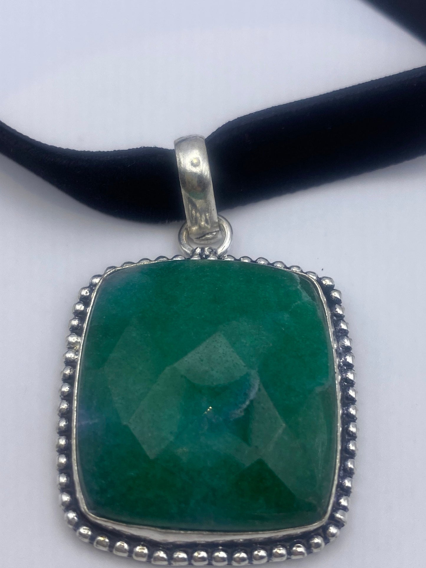 Vintage Green Raw Emerald Crystal Black Velvet Choker Pendant