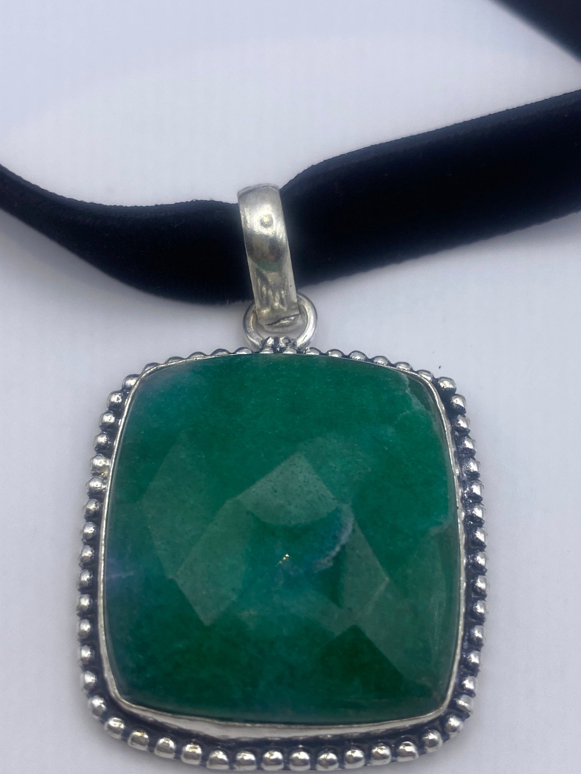 Vintage Green Raw Emerald Crystal Black Velvet Choker Pendant