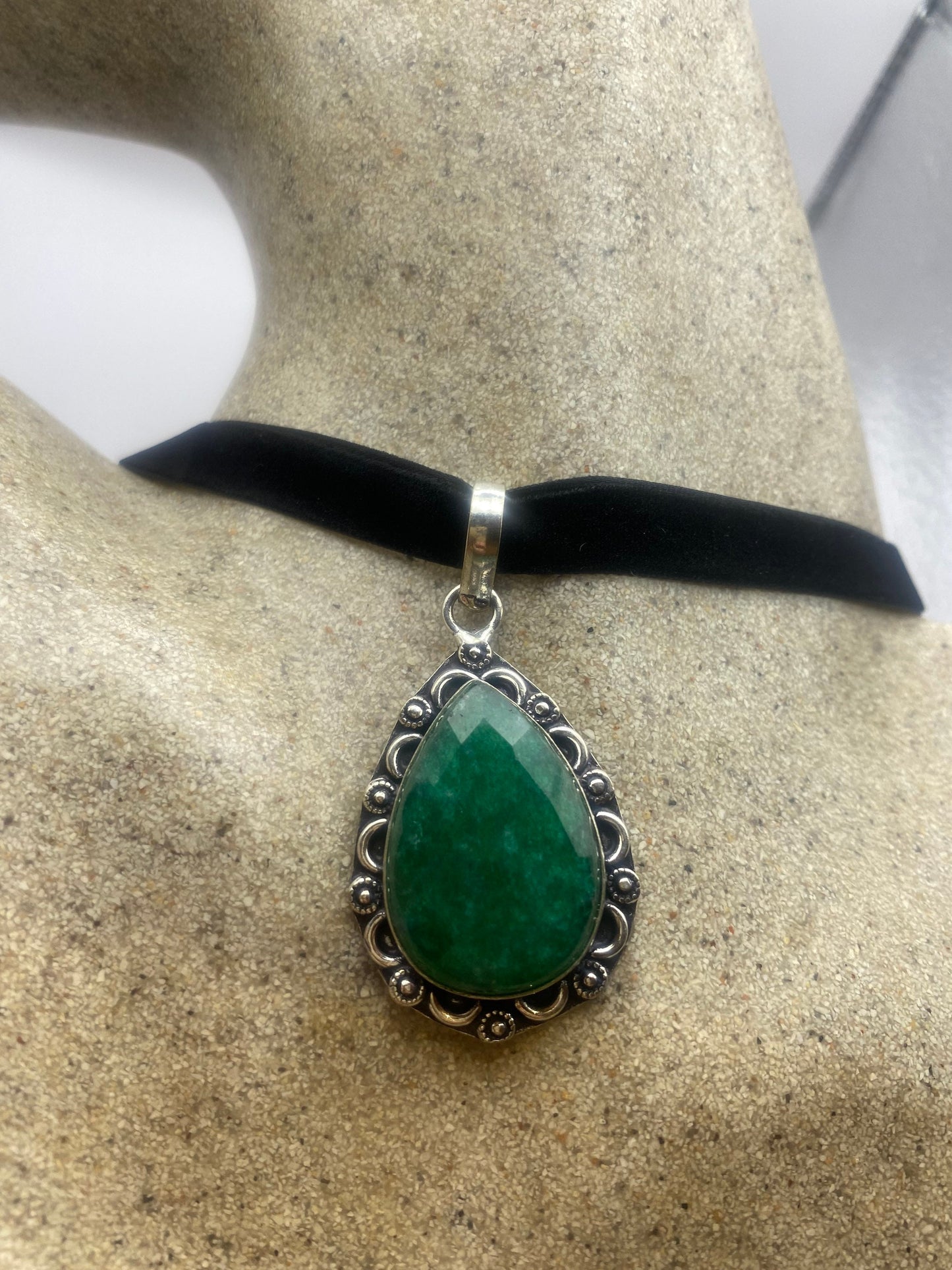 Vintage Green Raw Emerald Crystal Black Velvet Choker Pendant