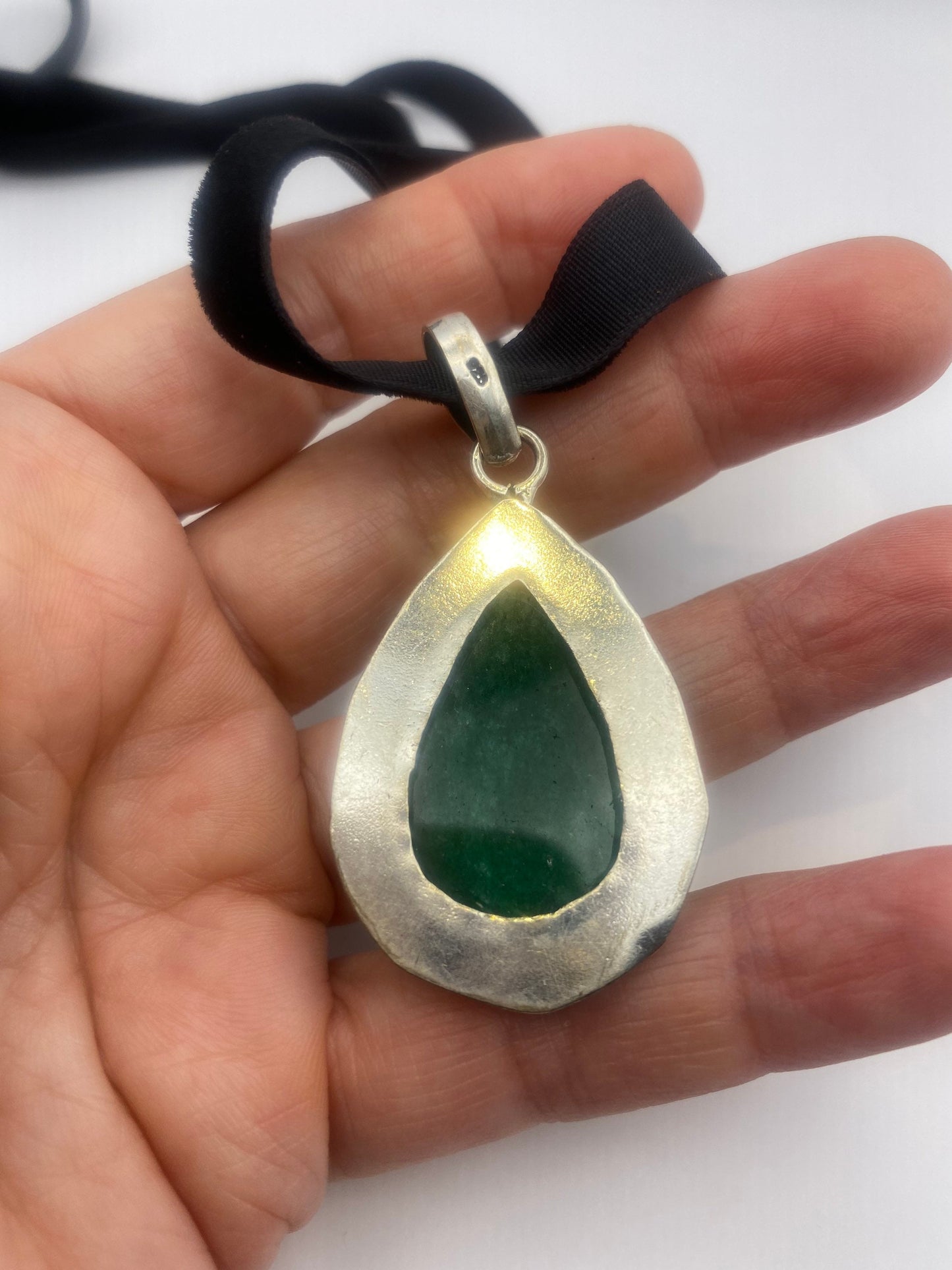 Vintage Green Raw Emerald Crystal Black Velvet Choker Pendant