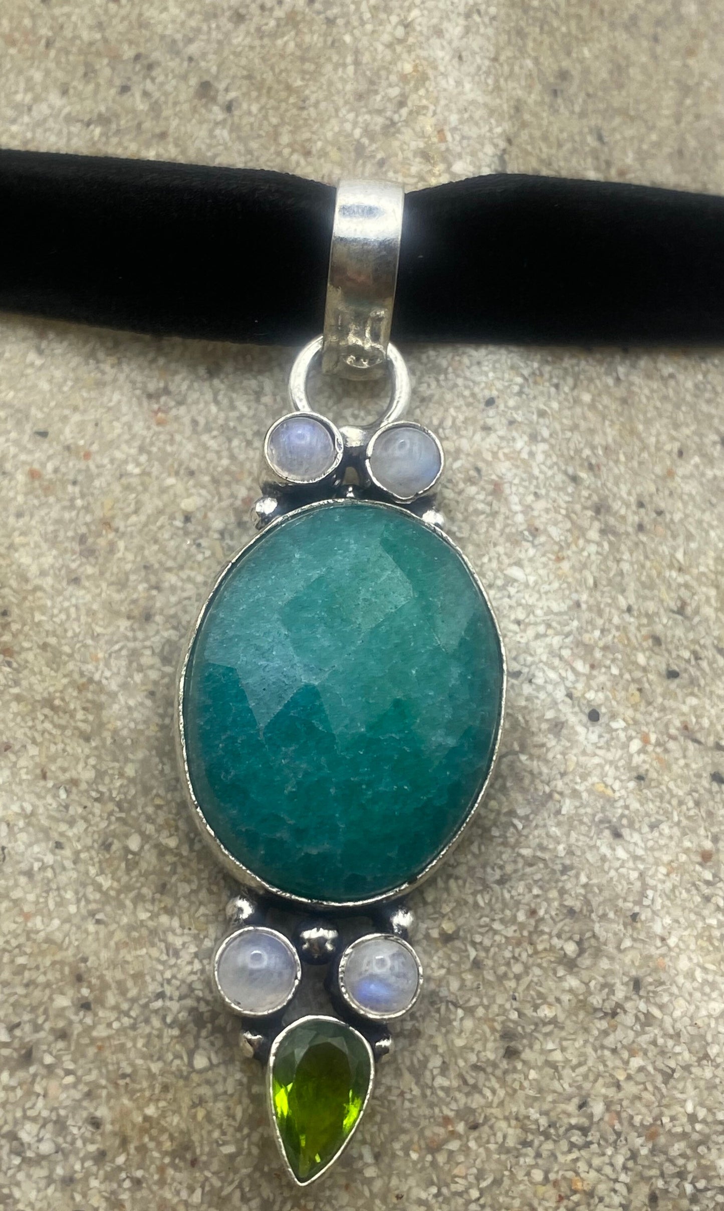 Vintage Green Raw Emerald Crystal Black Velvet Choker Pendant