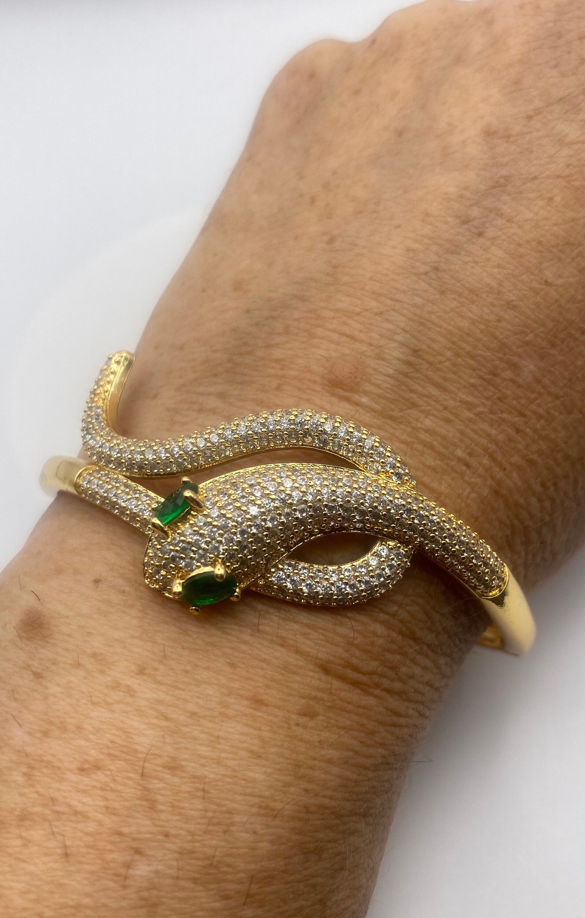 Vintage Snake Bangle Bracelet Gold filled Green Crystal Eyes