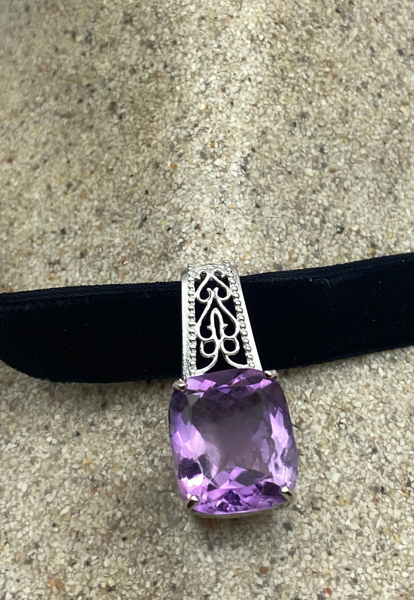 Vintage Choker 925 Sterling Silver Purple Amethyst Pendant
