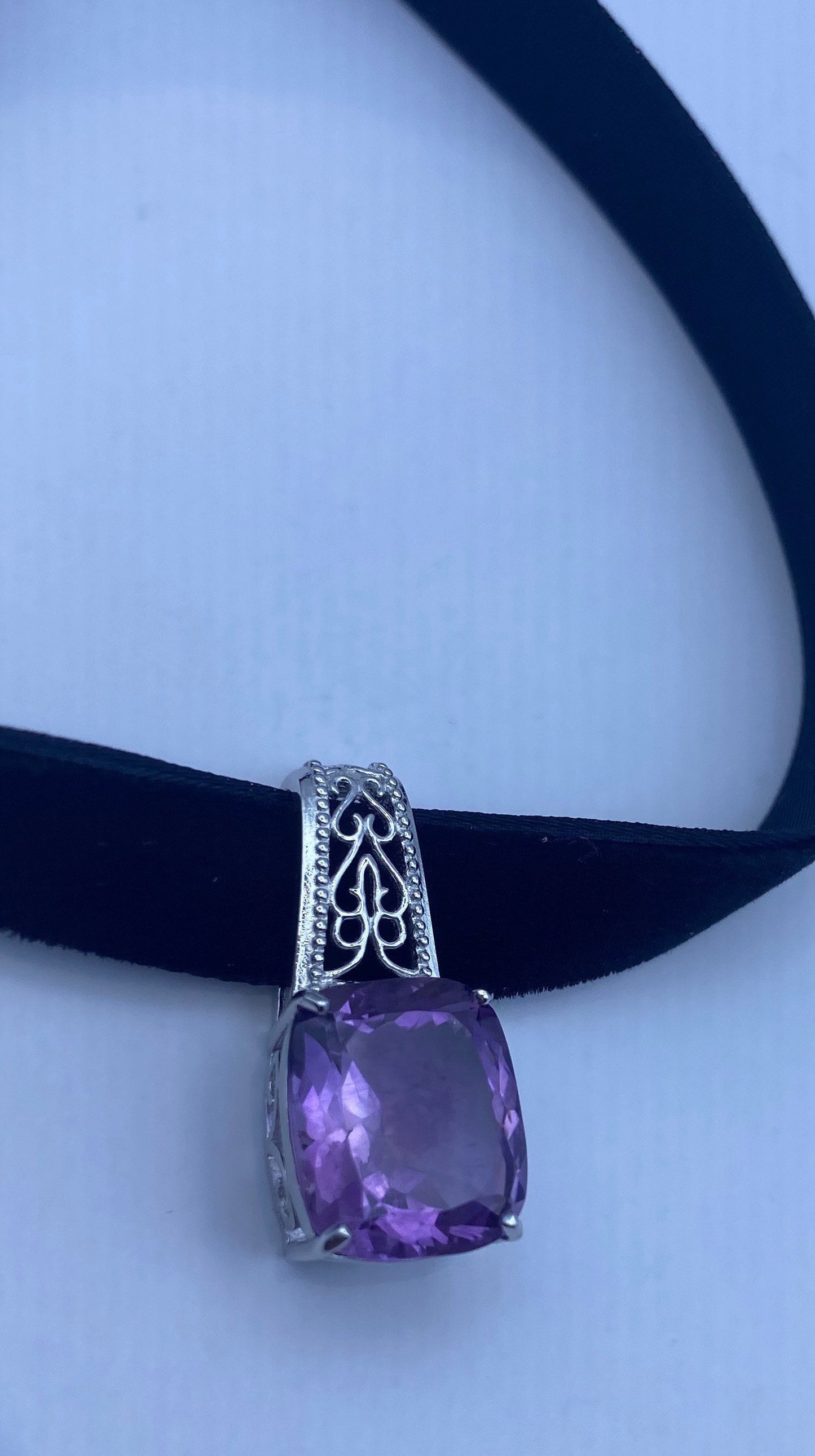 Vintage Choker 925 Sterling Silver Purple Amethyst Pendant