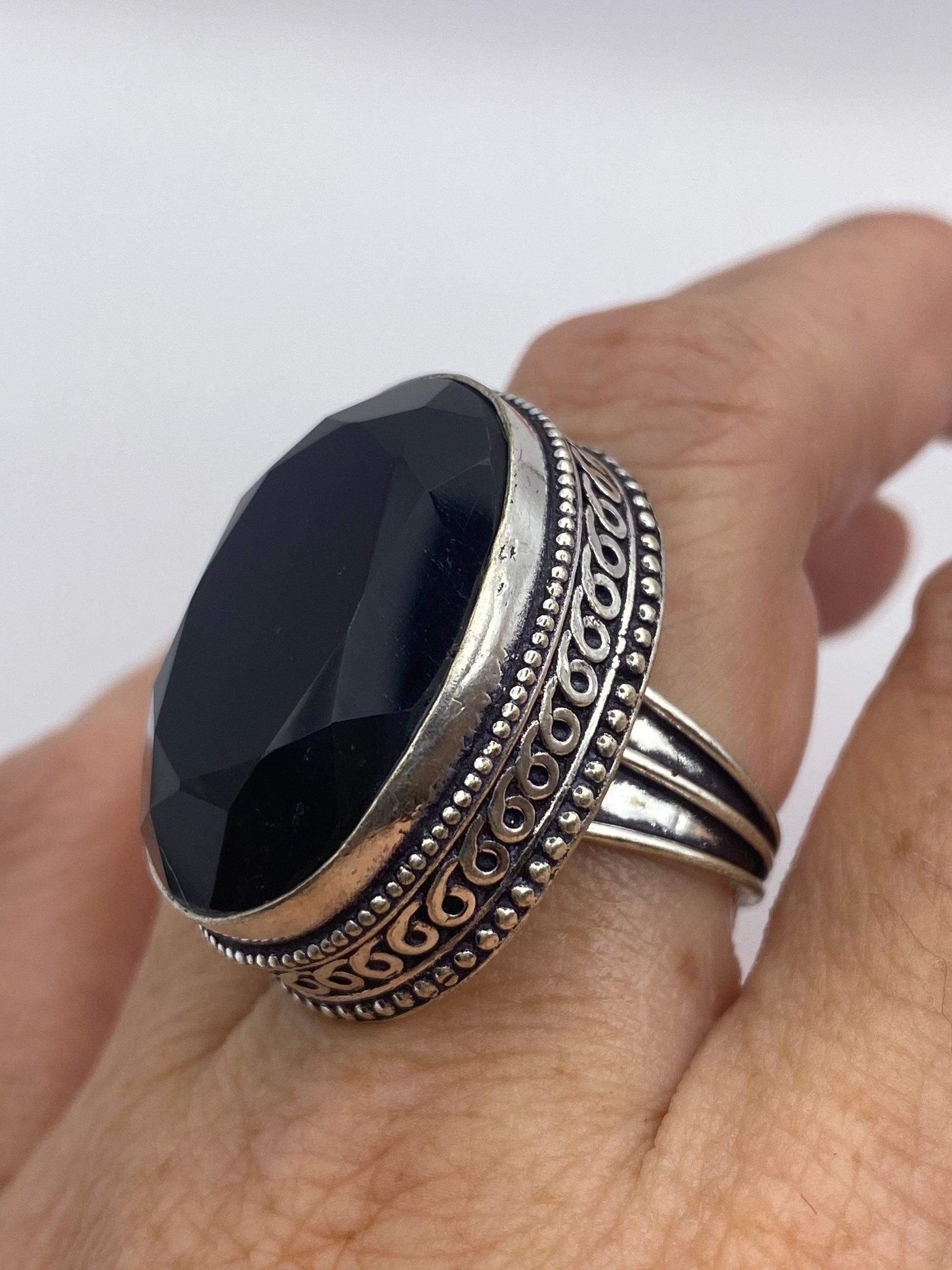 Vintage Black Onyx Silver Cocktail Ring Size 7.5