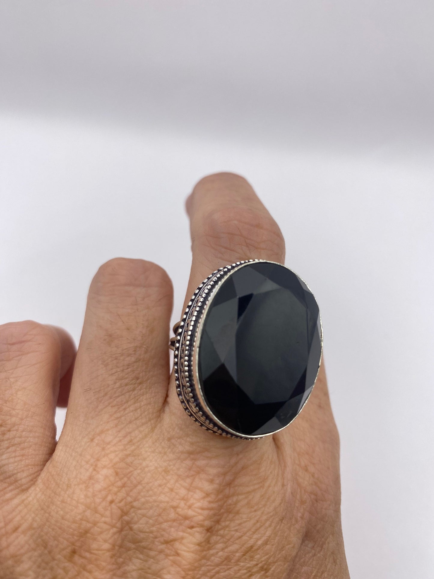 Vintage Black Onyx Silver Cocktail Ring Size 7.5