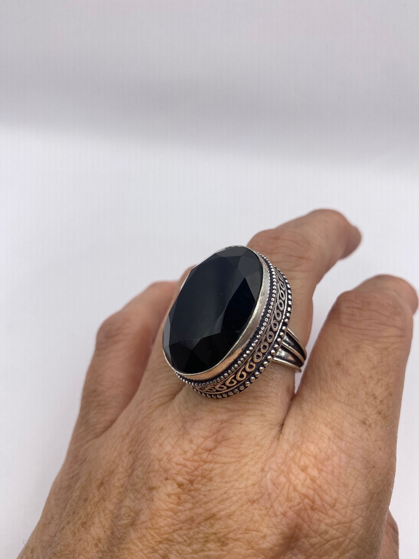 Vintage Black Onyx Silver Cocktail Ring Size 7.5
