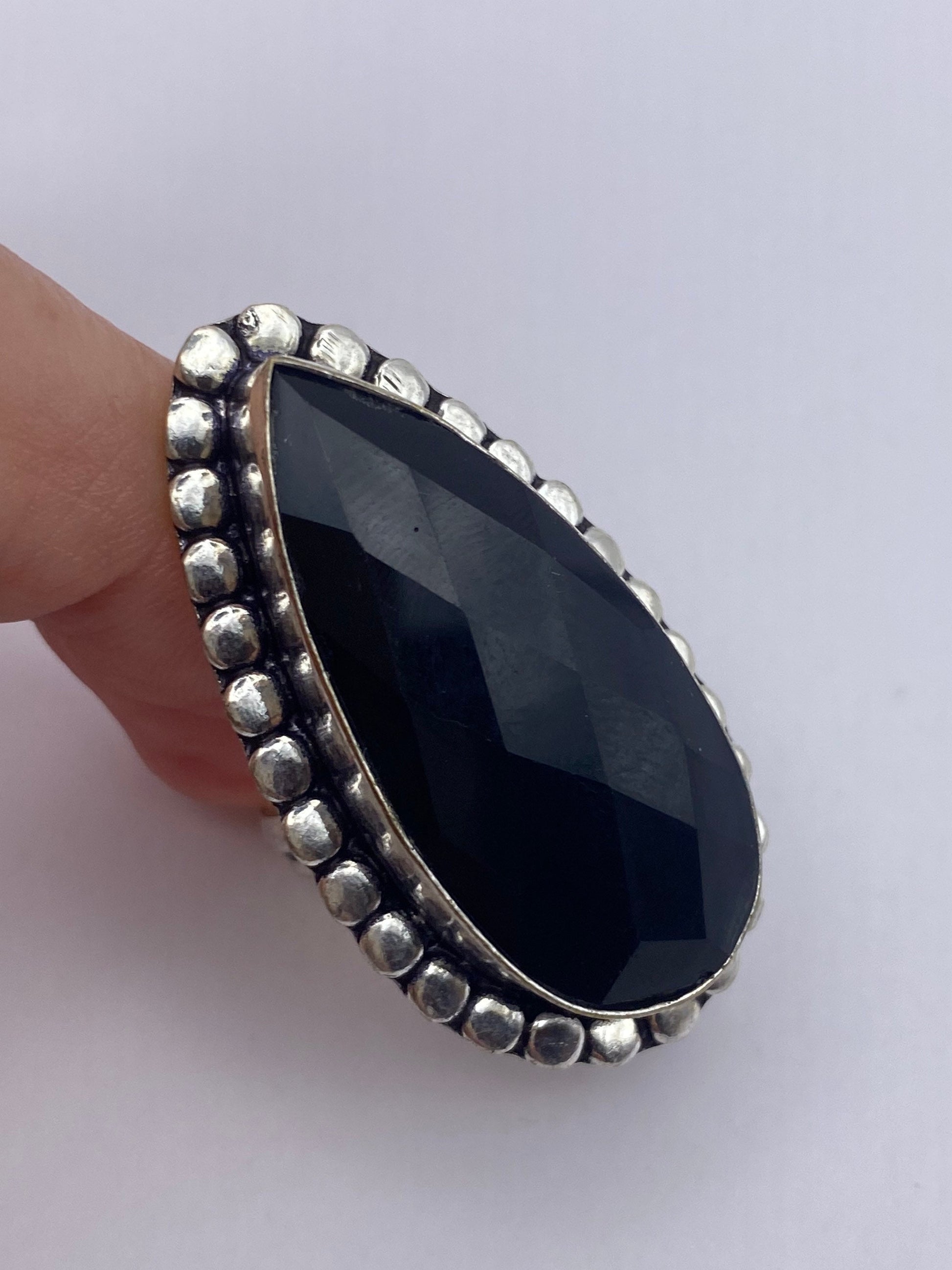 Vintage Black Onyx Silver Cocktail Ring Size 7
