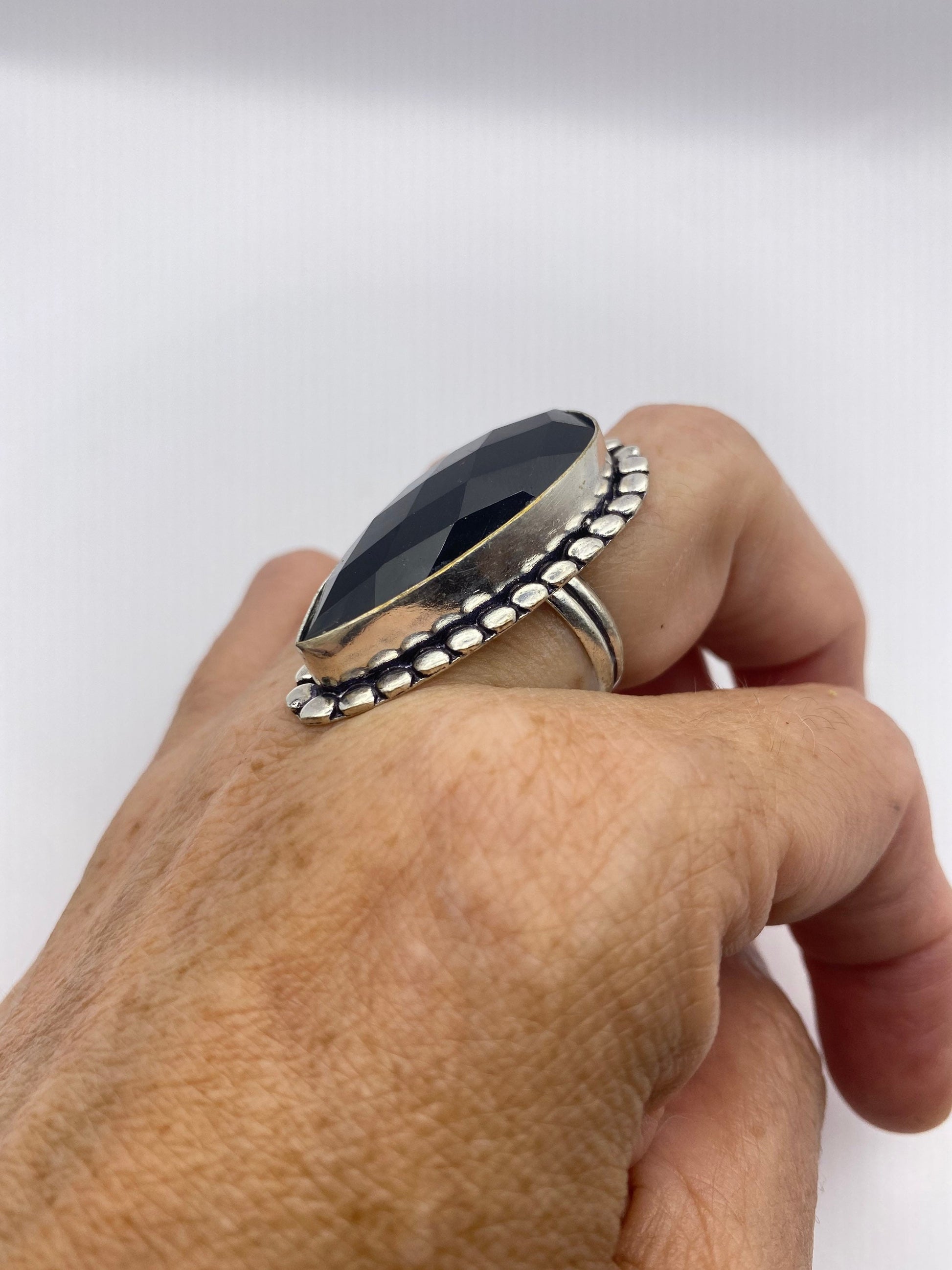 Vintage Black Onyx Silver Cocktail Ring Size 7