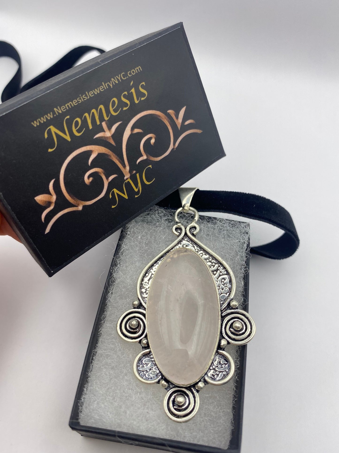 Vintage Handmade Silver Finish Rose Quartz Cross Choker Pendant