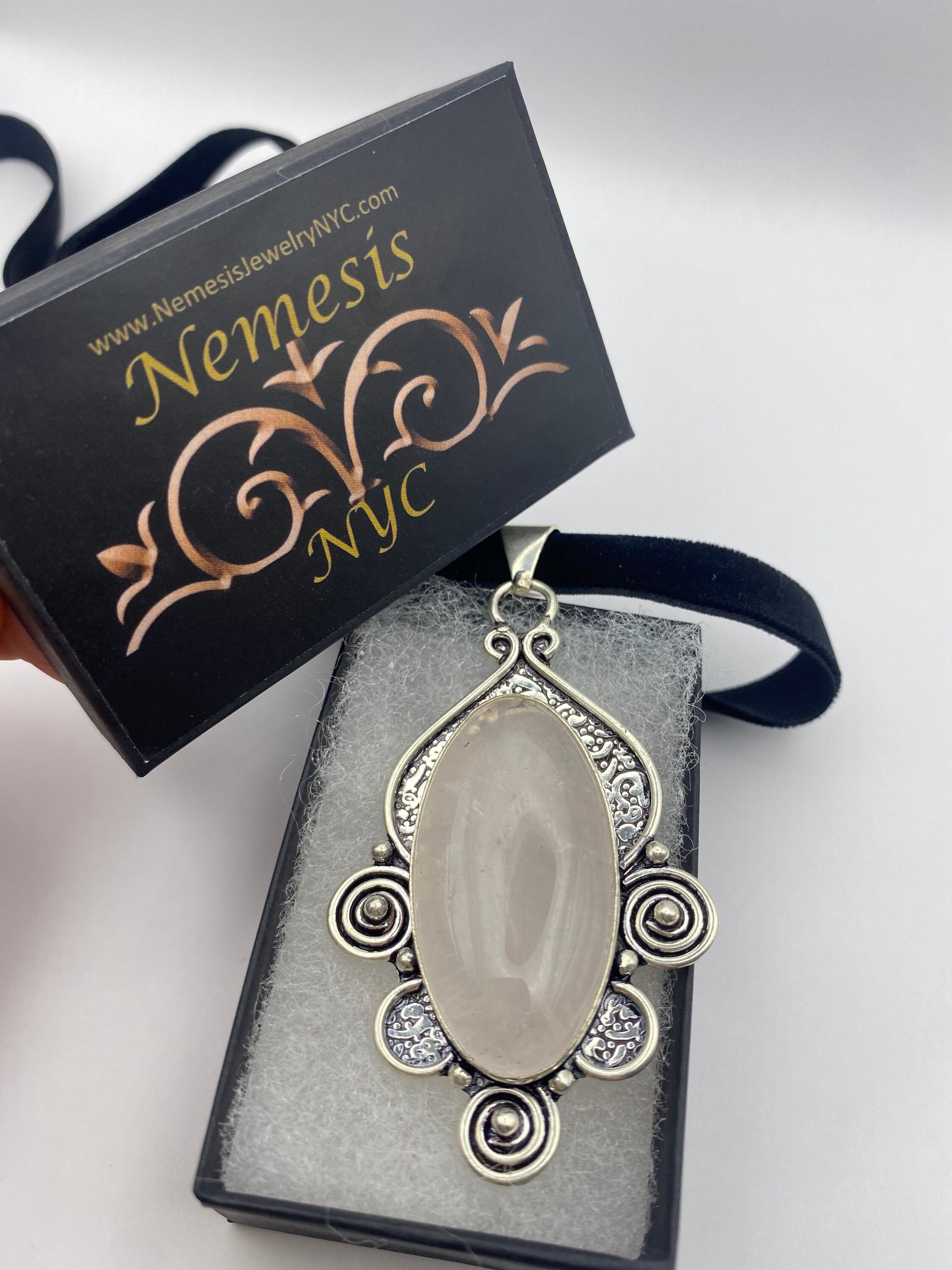 Vintage Handmade Silver Finish Rose Quartz Cross Choker Pendant
