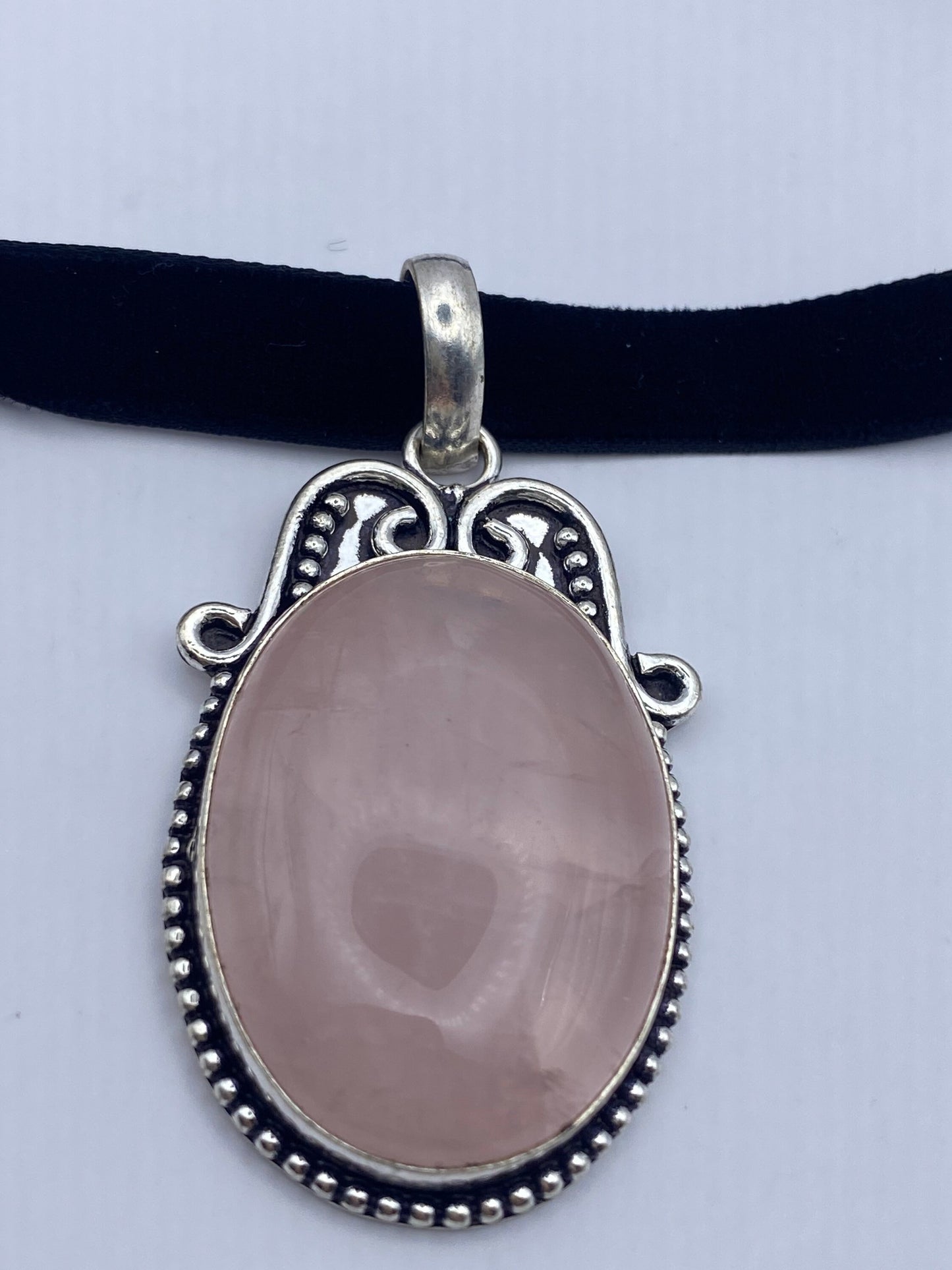 Vintage Handmade Silver Finish Rose Quartz Cross Choker Pendant