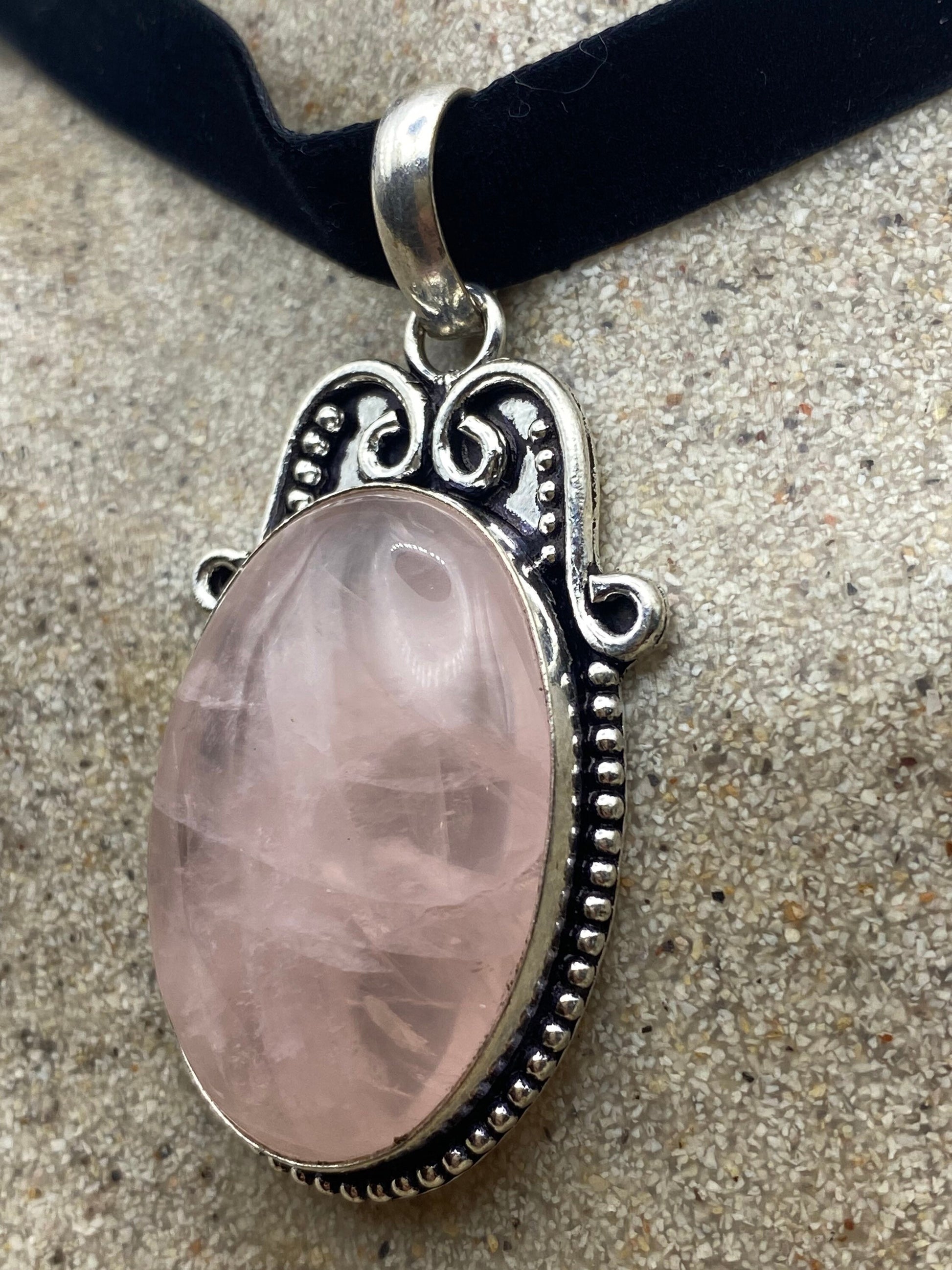 Vintage Handmade Silver Finish Rose Quartz Cross Choker Pendant