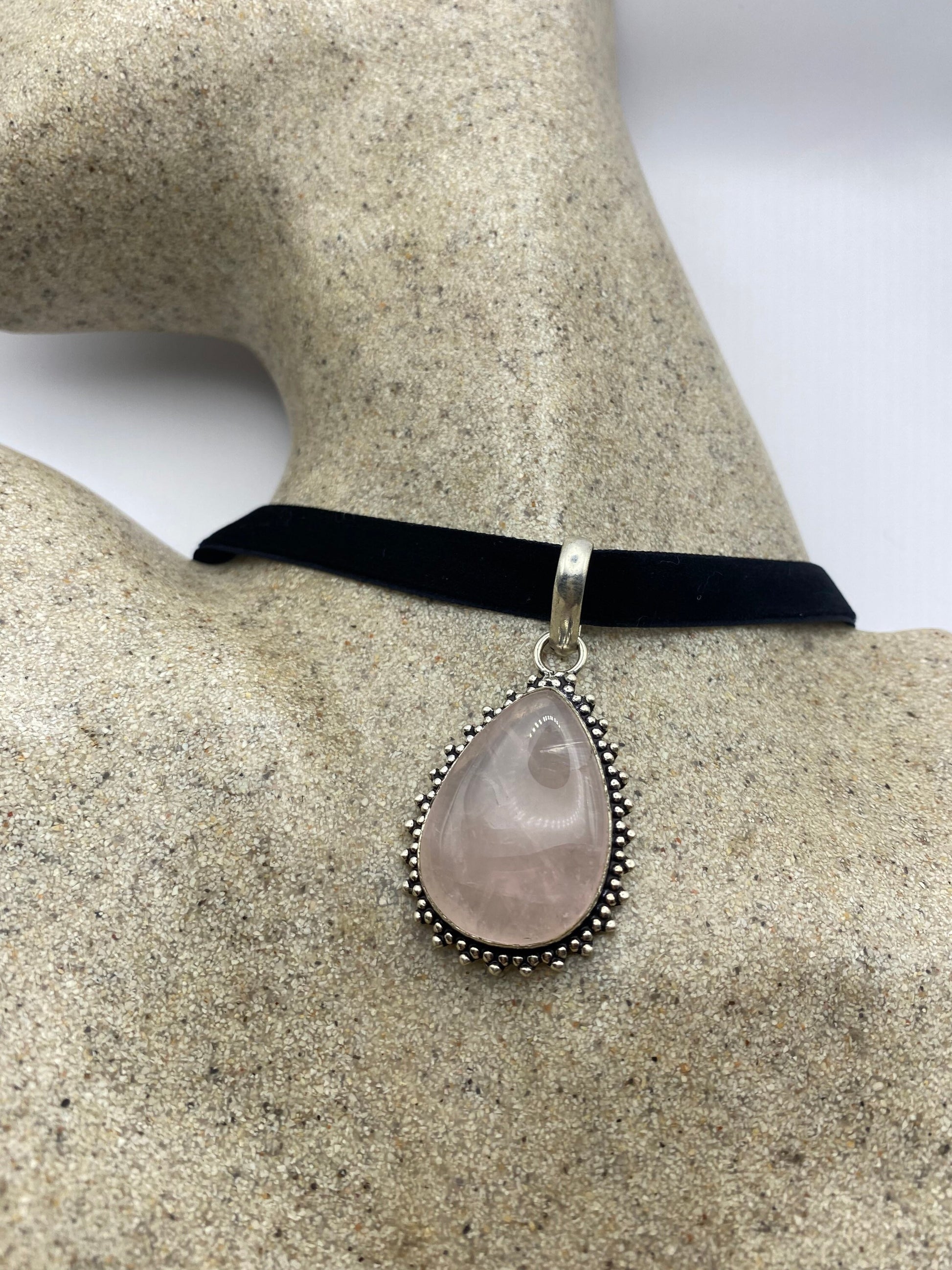 Vintage Handmade Silver Finish Rose Quartz Cross Choker Pendant