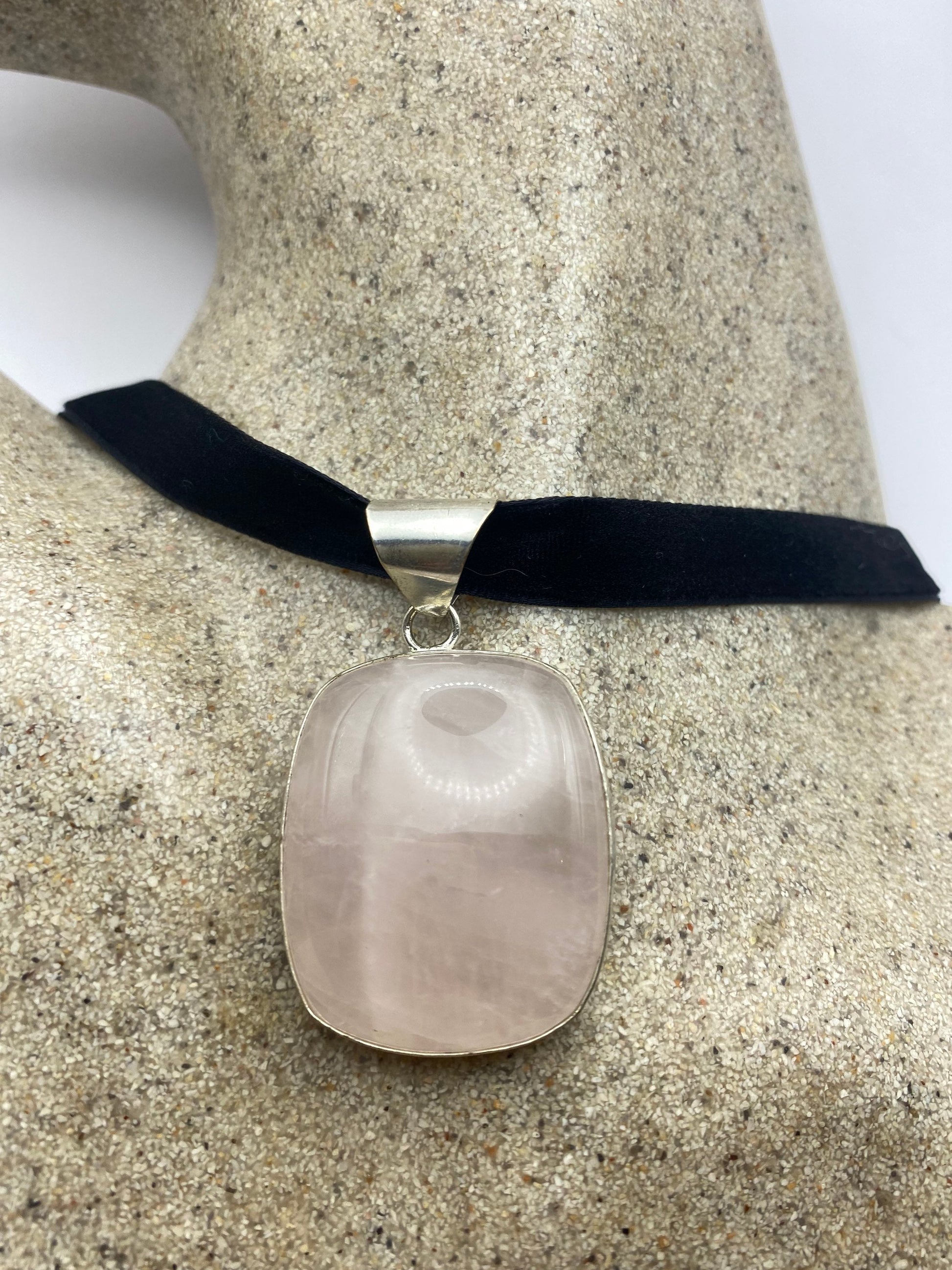 Vintage Handmade Silver Finish Rose Quartz Cross Choker Pendant