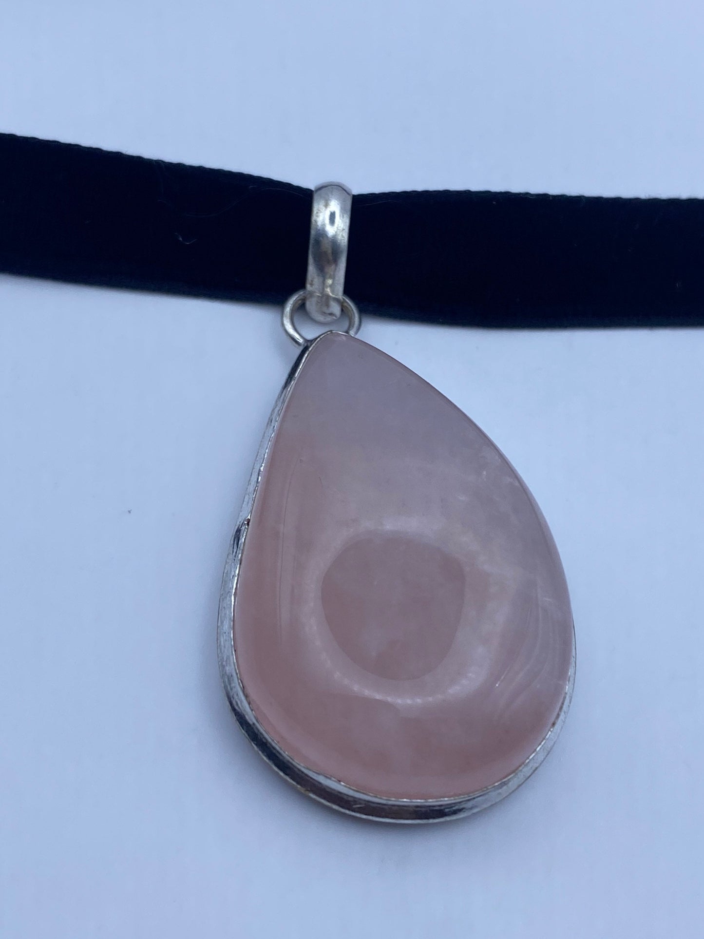 Vintage Handmade Silver Finish Rose Quartz Cross Choker Pendant