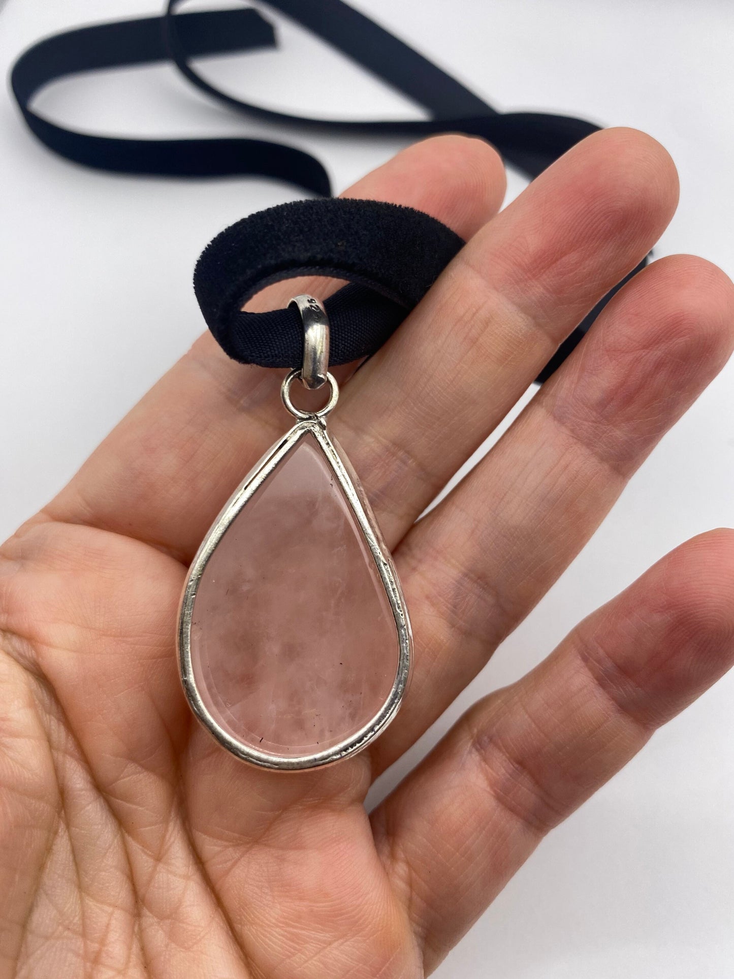 Vintage Handmade Silver Finish Rose Quartz Cross Choker Pendant