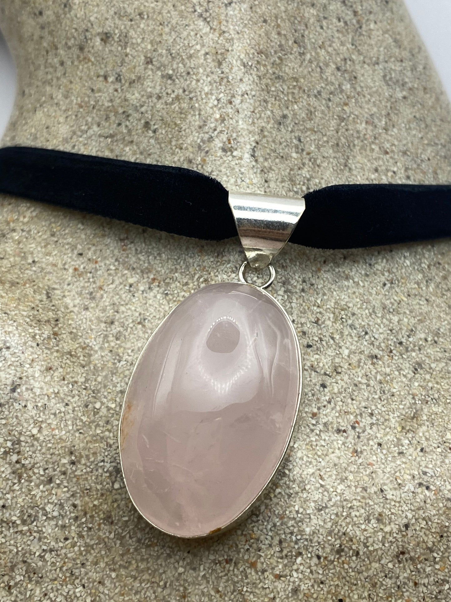 Vintage Handmade Silver Finish Rose Quartz Cross Choker Pendant