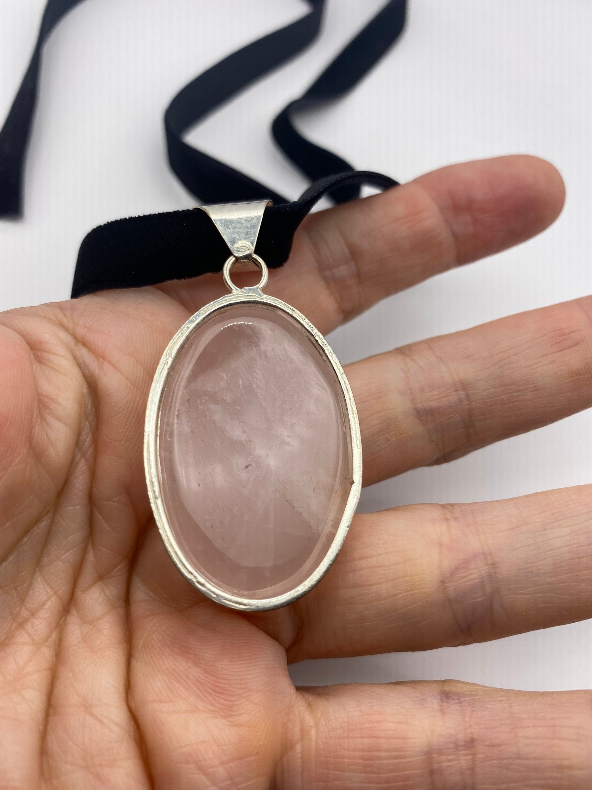 Vintage Handmade Silver Finish Rose Quartz Cross Choker Pendant
