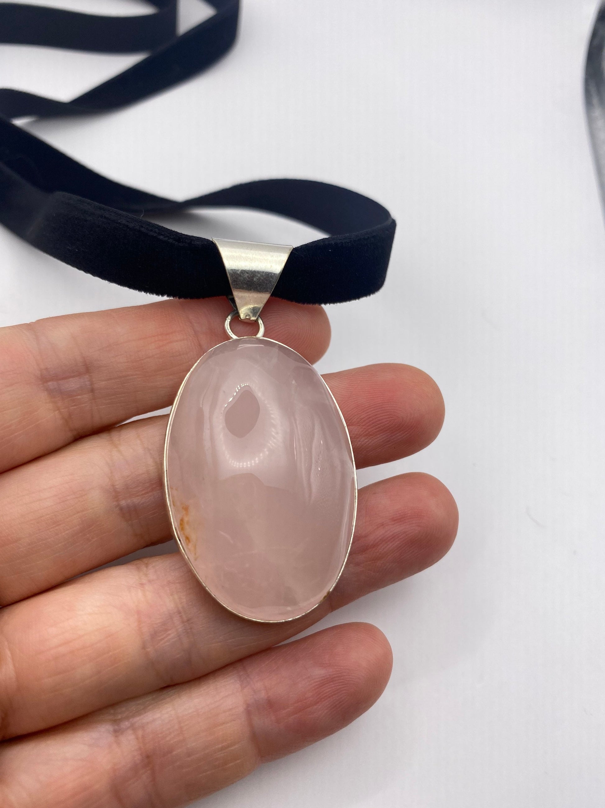 Vintage Handmade Silver Finish Rose Quartz Cross Choker Pendant