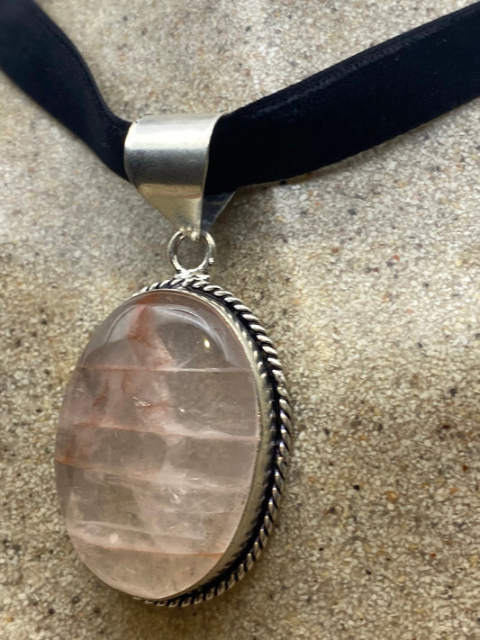 Vintage Handmade Silver Finish Rose Quartz Cross Choker Pendant