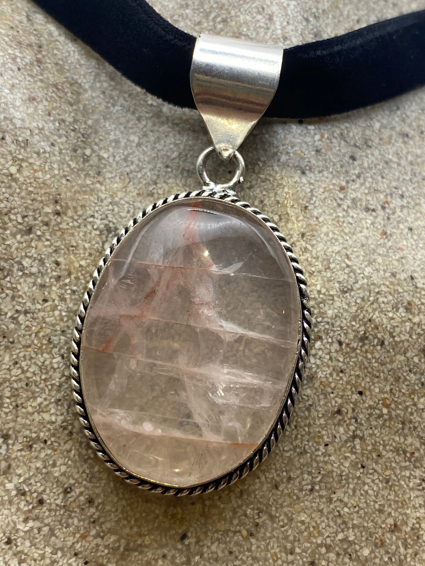 Vintage Handmade Silver Finish Rose Quartz Cross Choker Pendant