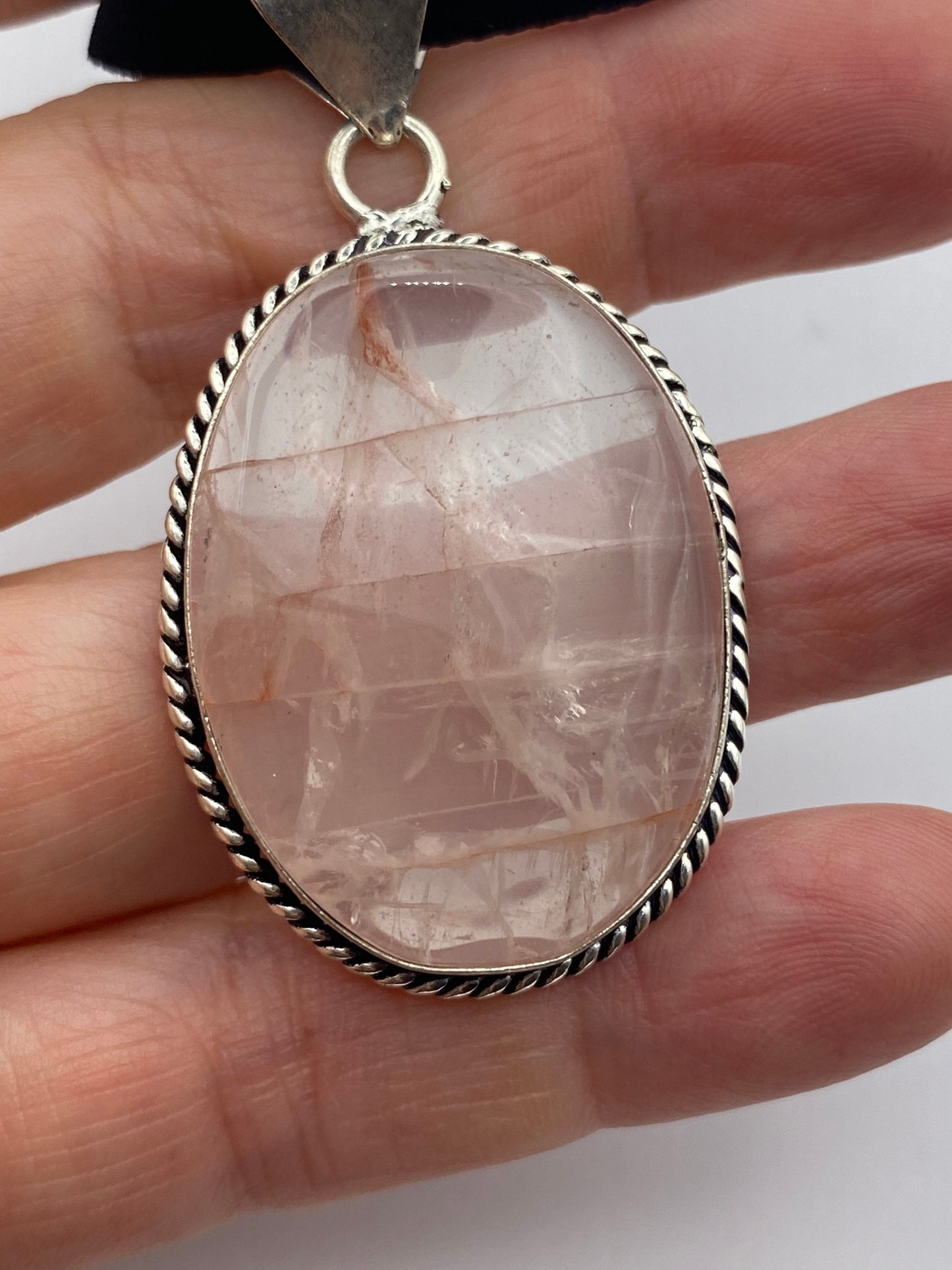 Vintage Handmade Silver Finish Rose Quartz Cross Choker Pendant