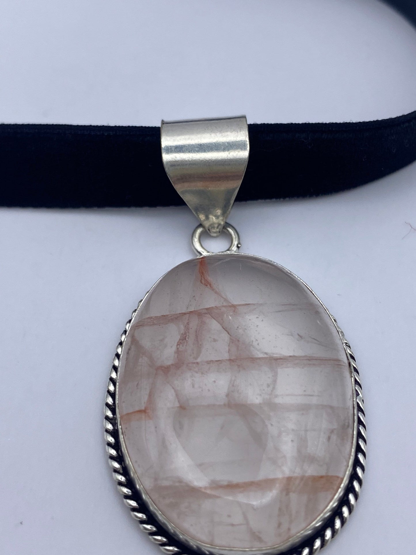Vintage Handmade Silver Finish Rose Quartz Cross Choker Pendant