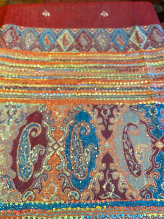Vintage Red Metallic Gold Paisley Brocade Pashmina Scarf Wrap